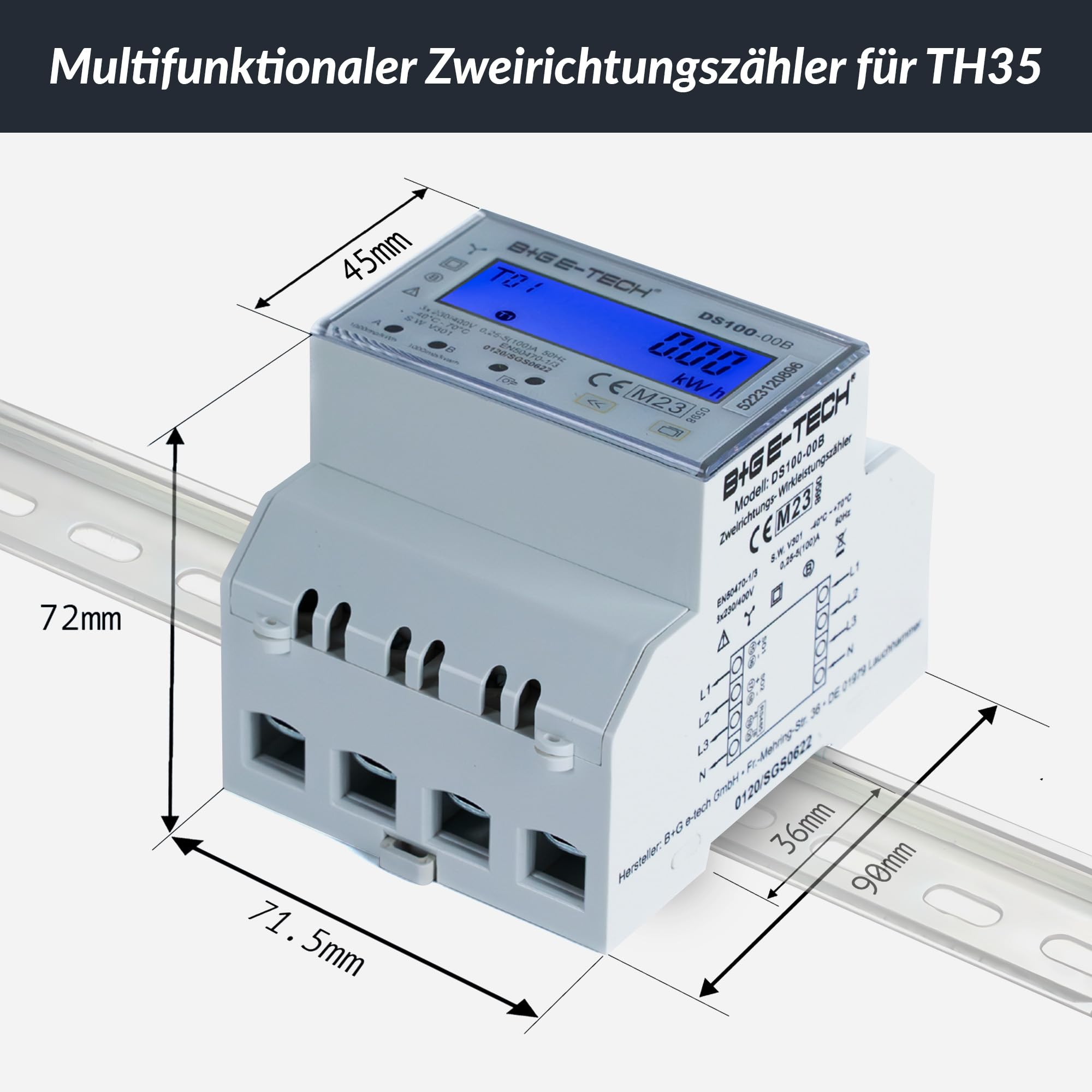 Drehstromzähler DS100-00B-R MID 23 digitaler 3 Phasen Zweirichtungs Stromzähler 100A direkt RS485 Modbus RTU Hutschiene 4TE LCD