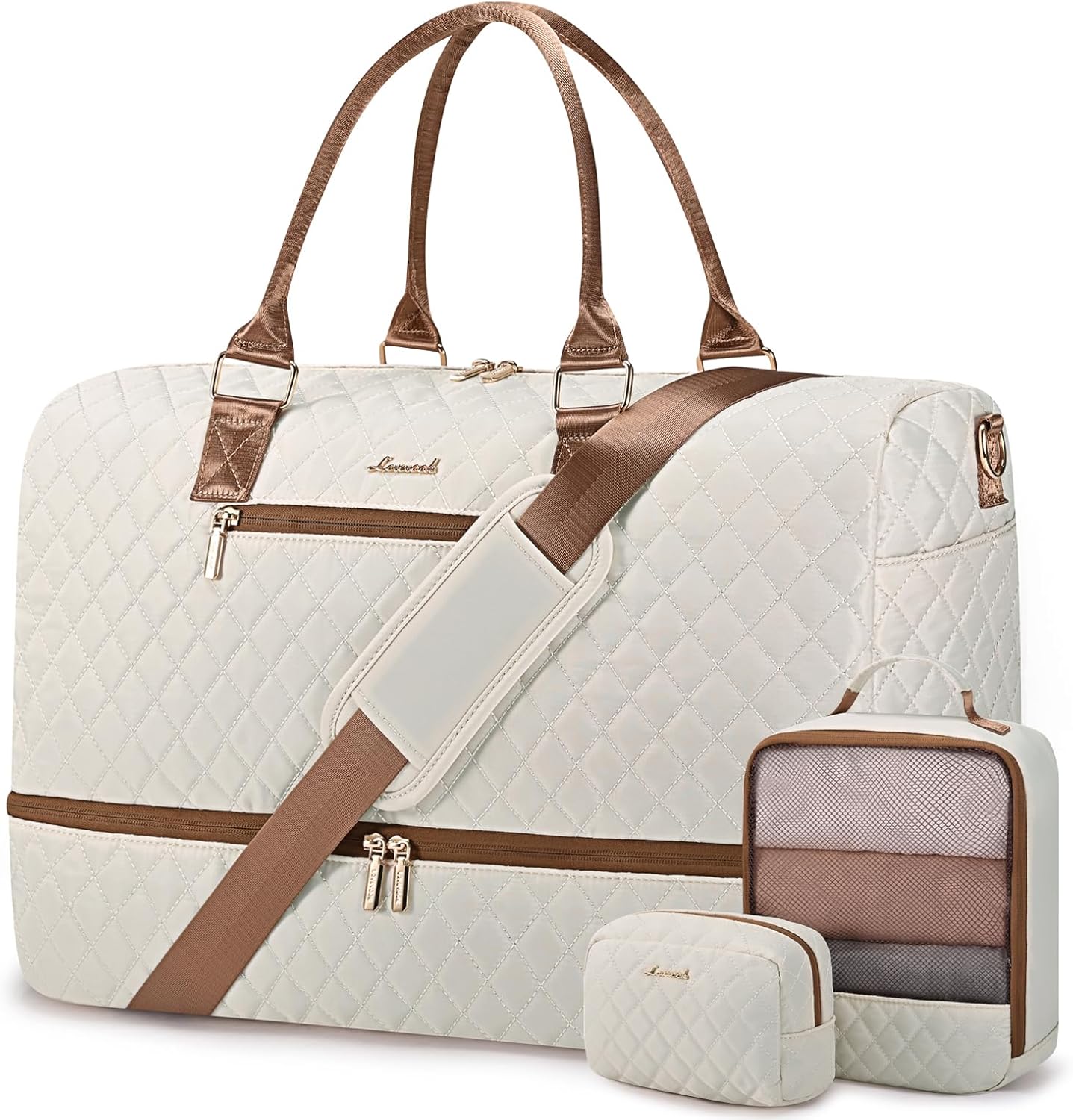 LOVEVOOK Travel Duffle Bag for Women, Weekender Overnight Bag with Shoe Compartment, Carry on Bag with Toiletry Bag, Gym Duffel Bag with Wet Pocket, Hospital Bags for Labor and Delivery 3 Pcs Set