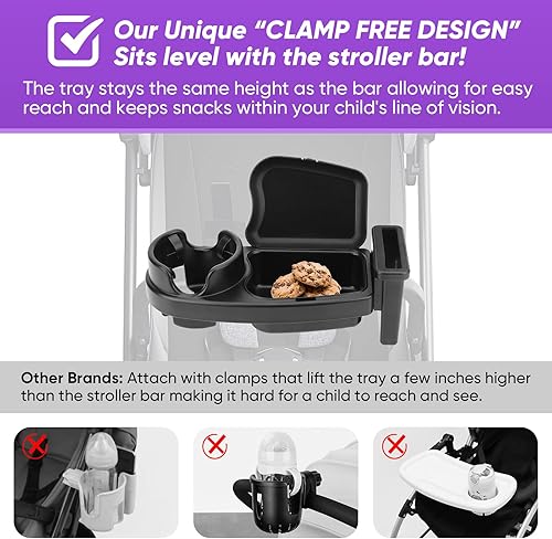 Miniatura 6 de Bandeja universal para refrigerios para cochecito, 3 en 1 con soporte para teléfono y agarre flexible de silicona para brazos, accesorio de bandeja