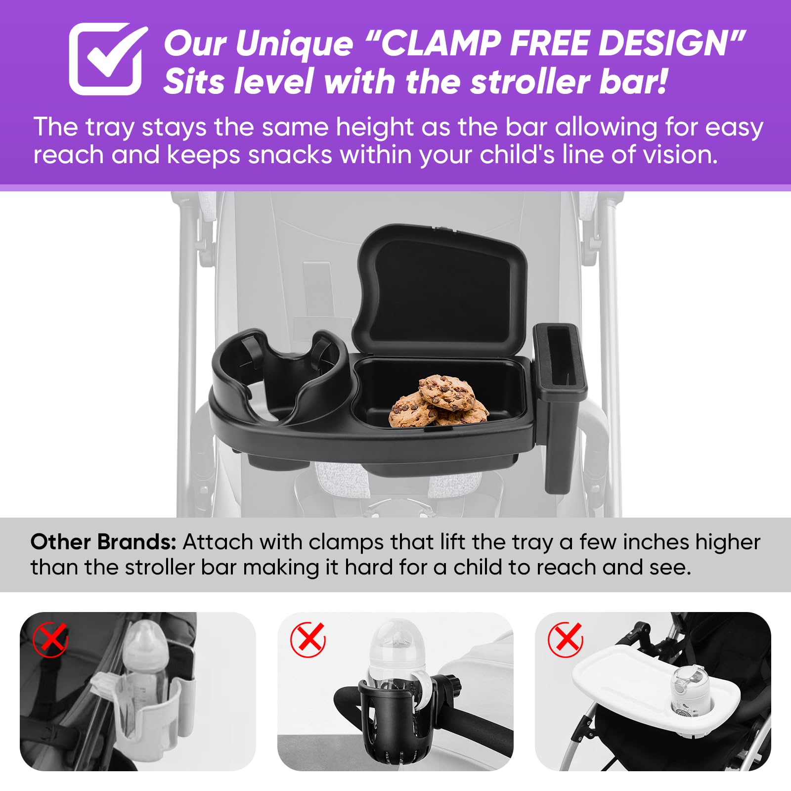 Plateau de collation universel 3 en 1 pour poussette avec support de téléphone et bras flexibles en silicone, fixation de plateau de poussette compatible avec Uppababy, Baby Jogger, Britax