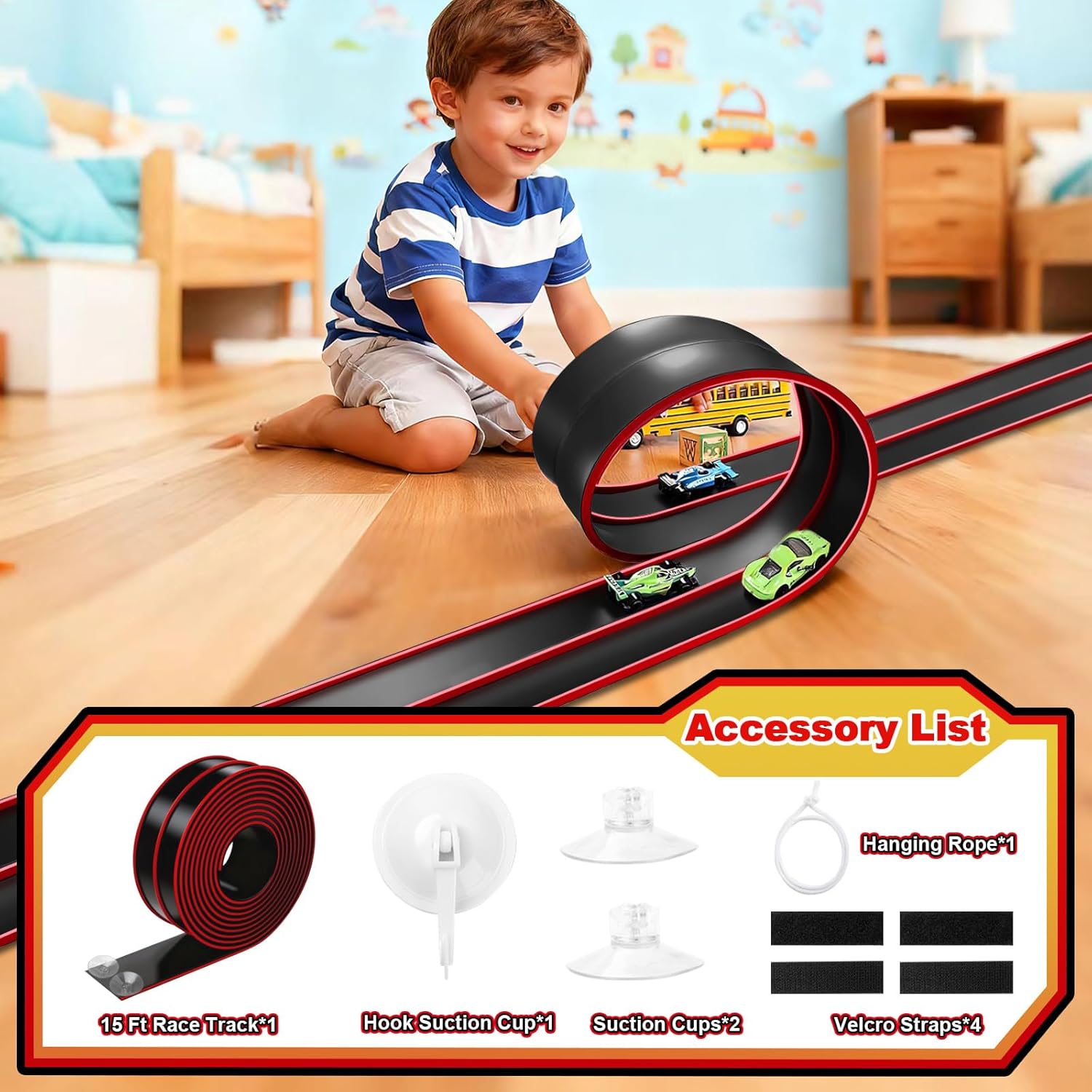 Flexible Race Track Toys for Kids, 15 Ft Flex Tracks Starter Set with Strong Suction Cups - Compatible with Hot Wheels and Diecast 1/64th Cars, Rolls up Portable Race Car Ramp Track (Red Black)