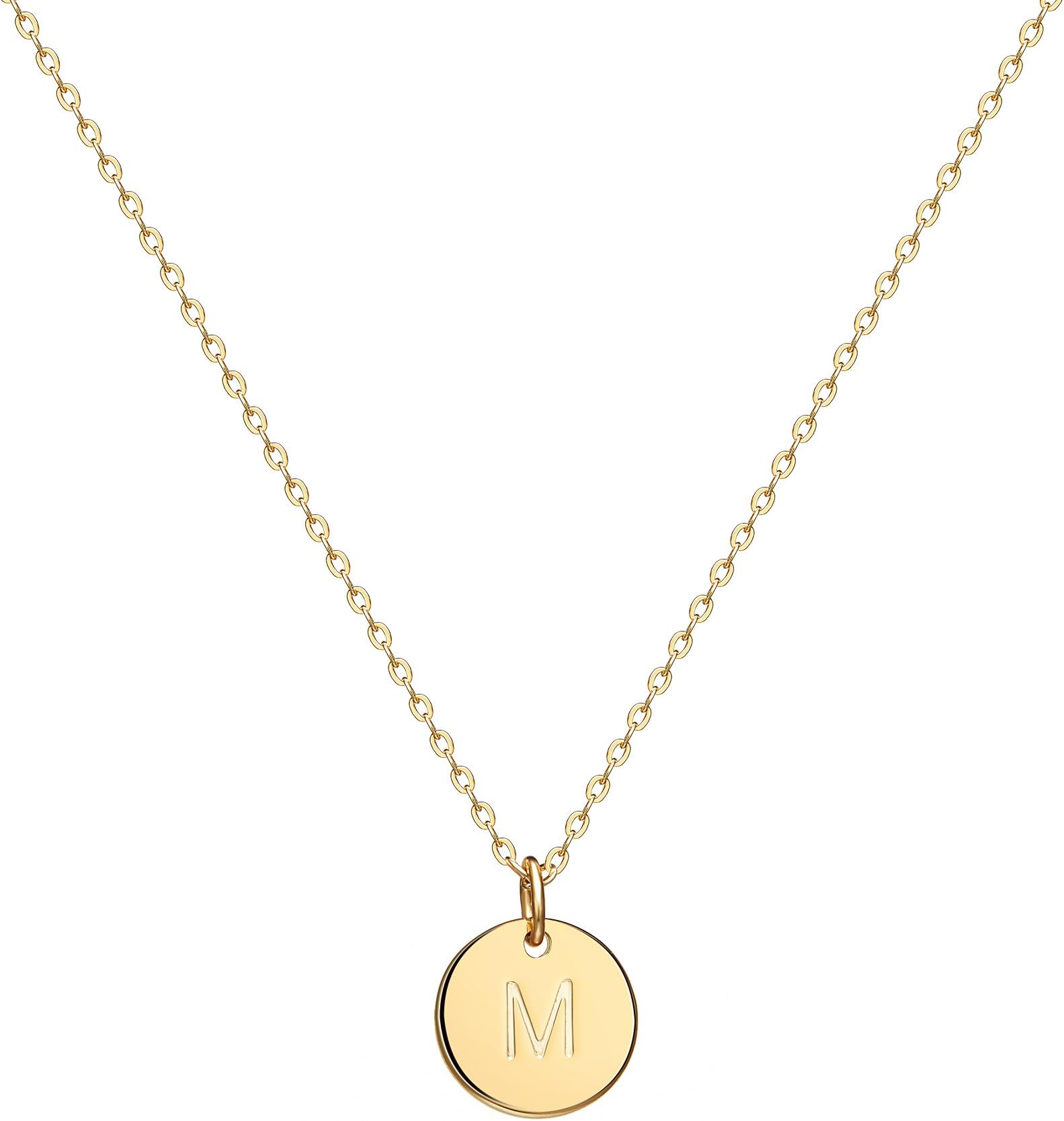 Valloey Rover Initial Necklaces for Women 14K Gold Plated Dainty Letter Necklce Round Coin Disc Pendant Double Side Engraved A-Z Necklace Personalized Jewelry Gift for Women