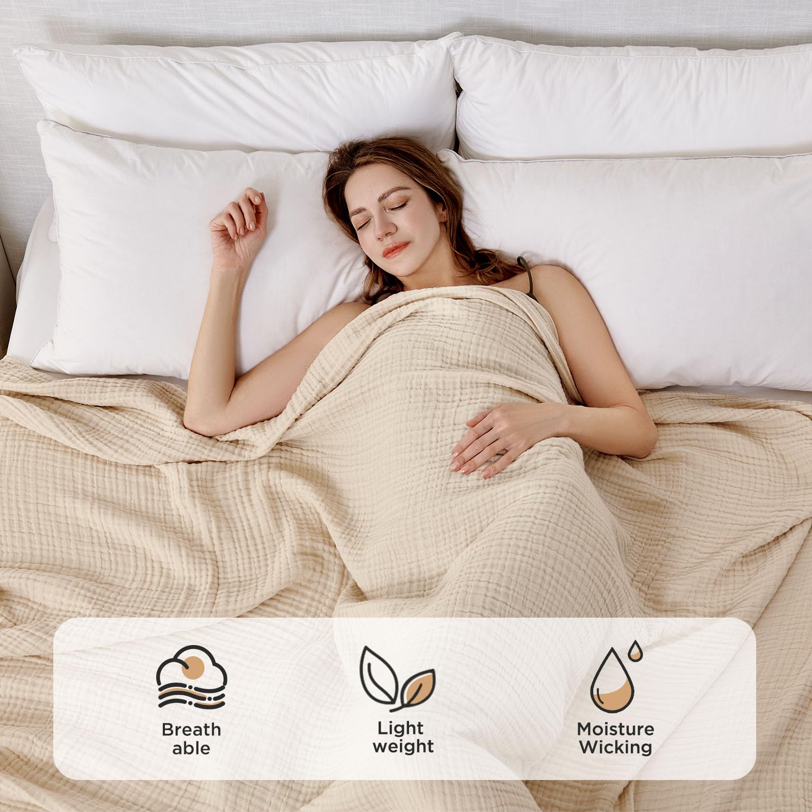 Joydeco Coperta in 100% mussola di cotone, per divano, letto e divano, coperta in morbida garza a 4 strati, leggera e traspirante, per tutte le stagioni, coperta di lusso in cotone da regalo (marrone
