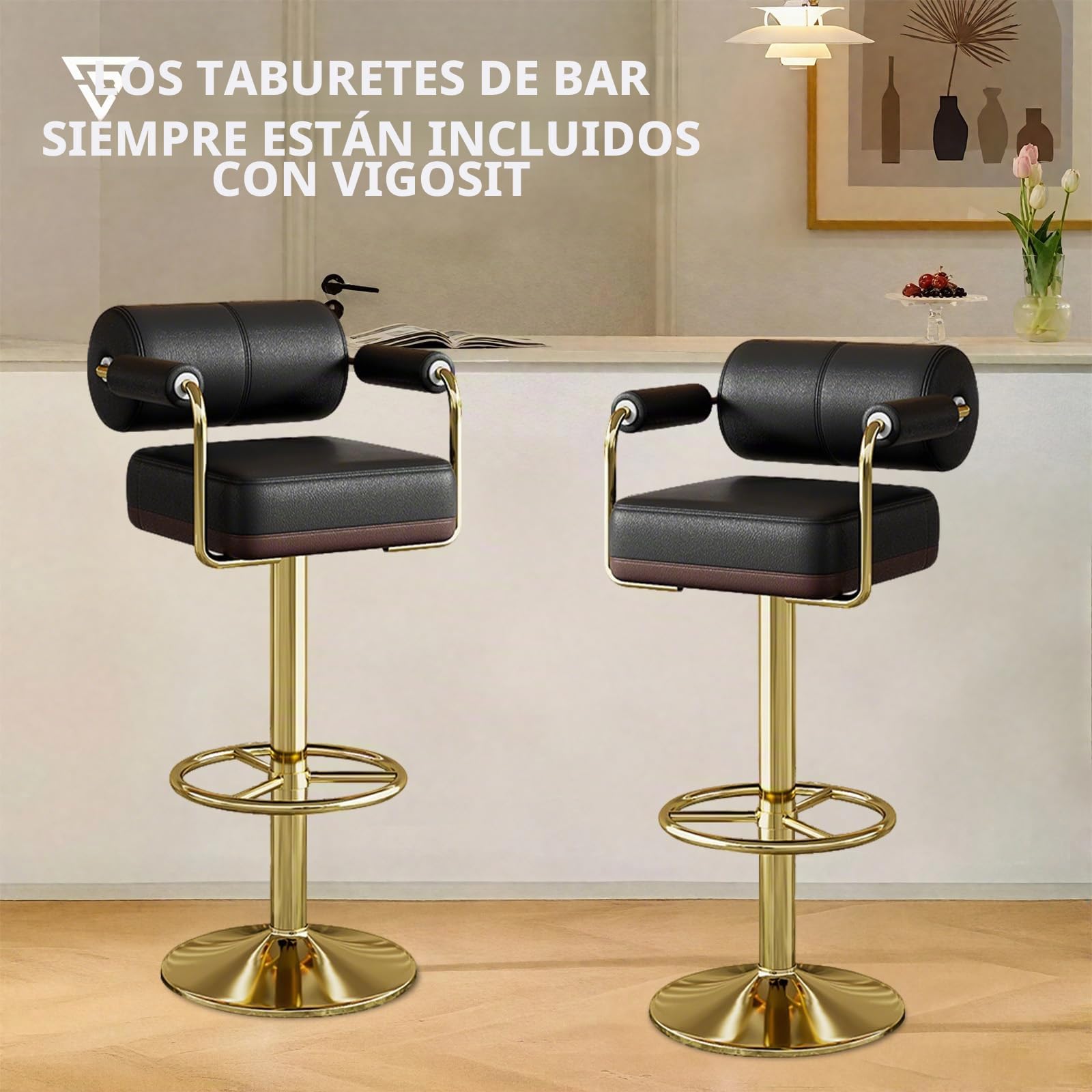Vigosit Taburete de Bar con Altura Ajustable, con Respaldo y reposabrazos, Giratorio 360° para Cocina, Acolchado con Asiento Grande（ 1 Pieza）