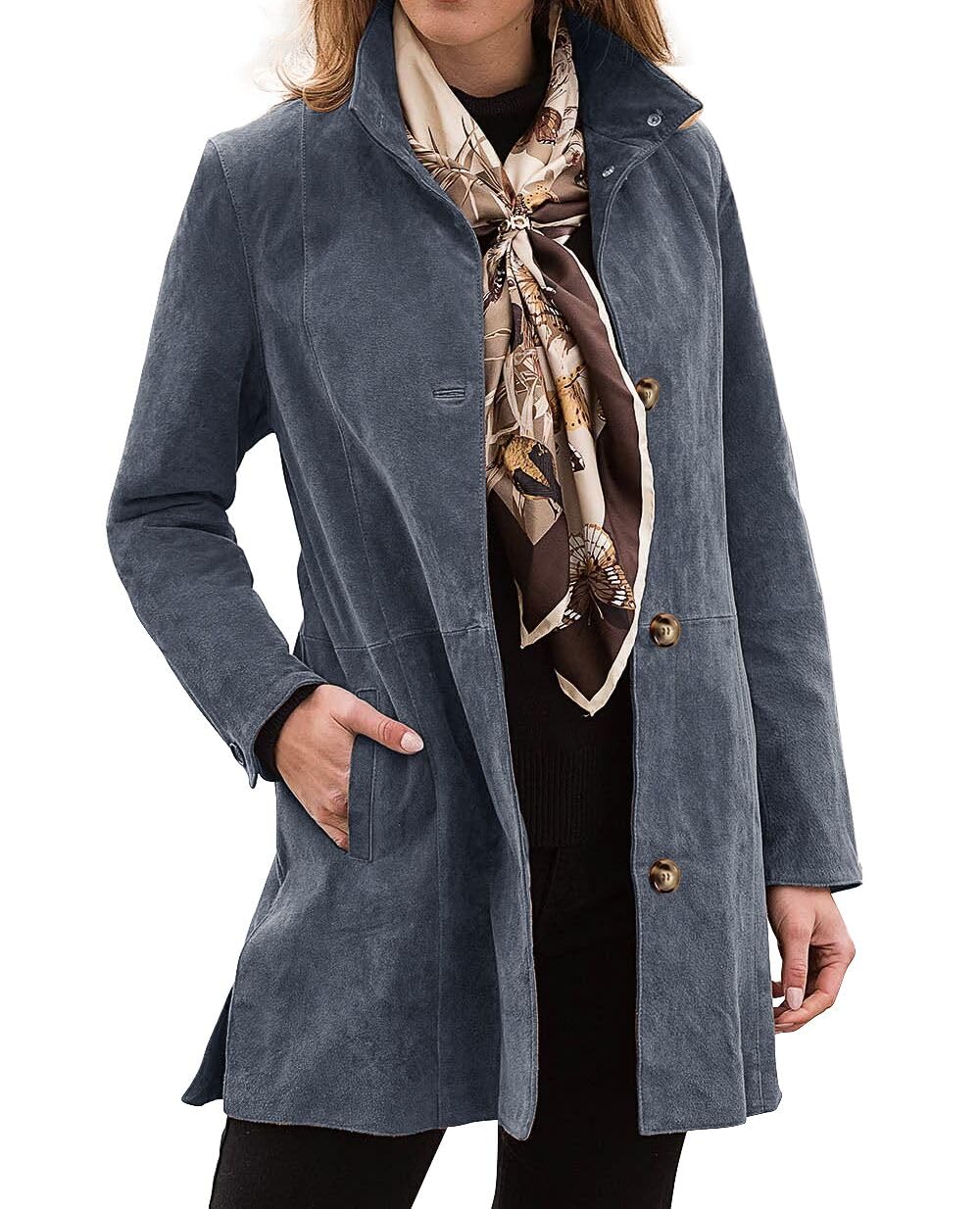 Womens Winter Suede Coat Stand Collar Single Breasted Overcoat with Pockets Mid Length Trench Coats