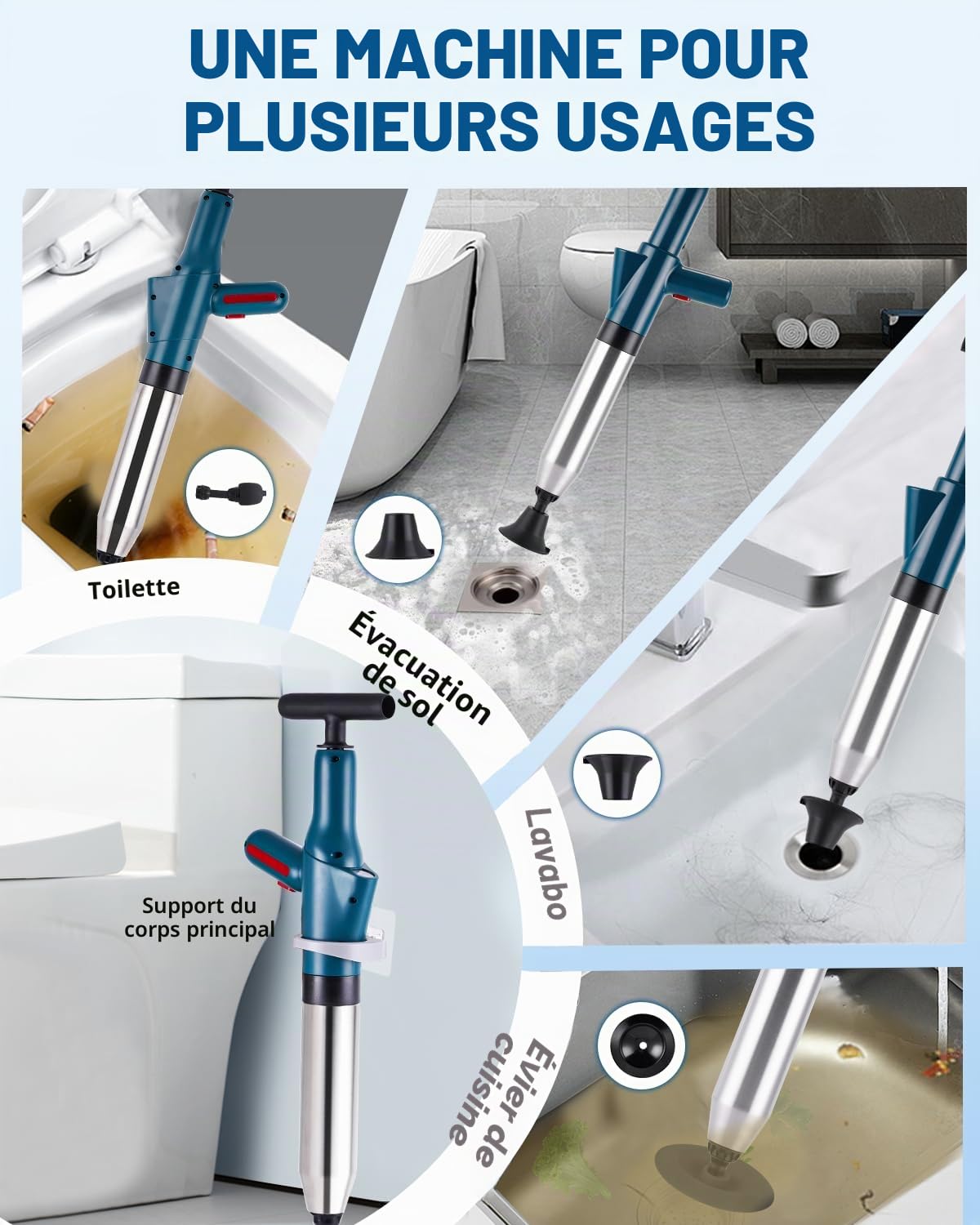 YUCHENGTECH Deboucheur WC Puissant Deboucheur Toilette Haute Pression Pompe Deboucheur Canalisation 4 in 1 Deboucheur WC pour Déboucher les Toilettes/Lavabo/Baignoire/Drain de Sol
