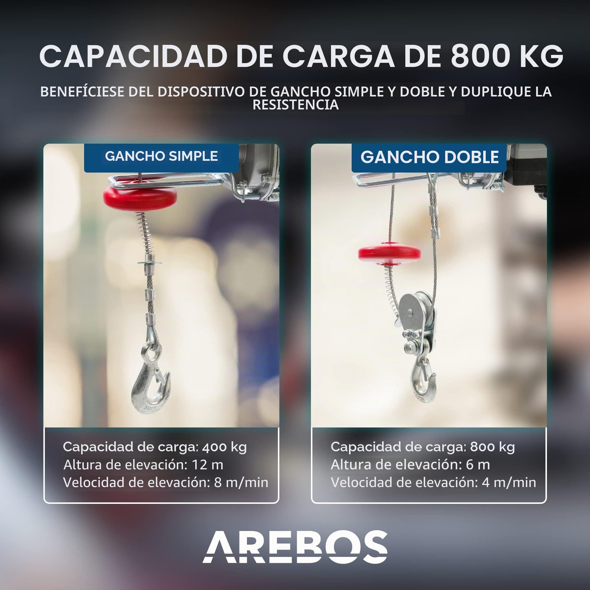 Arebos Polipasto eléctrico cuerda 1000 W | Polipasto Eléctrico de Elevación | eléctrico cuerda Torno de motor – Cabrestante | eléctrico 400-800 kg (KG) | Certificado GS