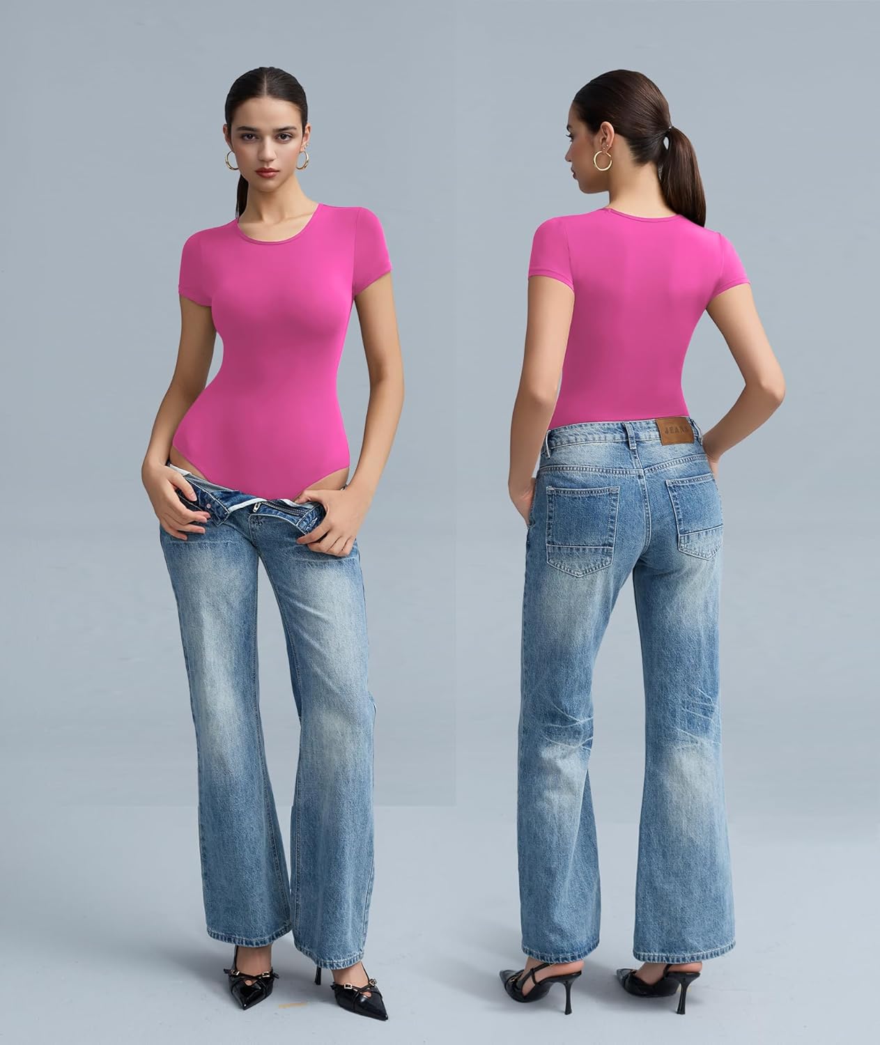 Women's Double-Lined Round Neck Short Sleeve Bodysuit Seamless T-Shirt Body Suits Basic Tops for Women - Image 5