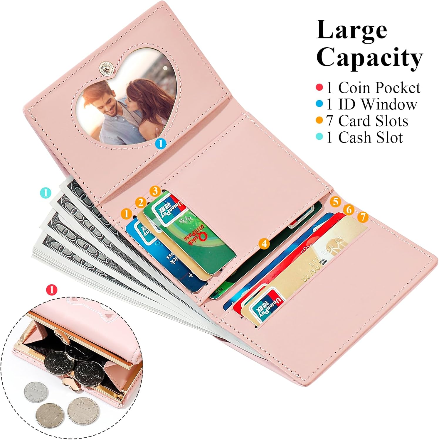 Women Small Wallet RFID Blocking Vegan Leather Card Holder Coin Purse Cute Pocket Wallet for Women Ladies Girls Pale Pink - Image 2