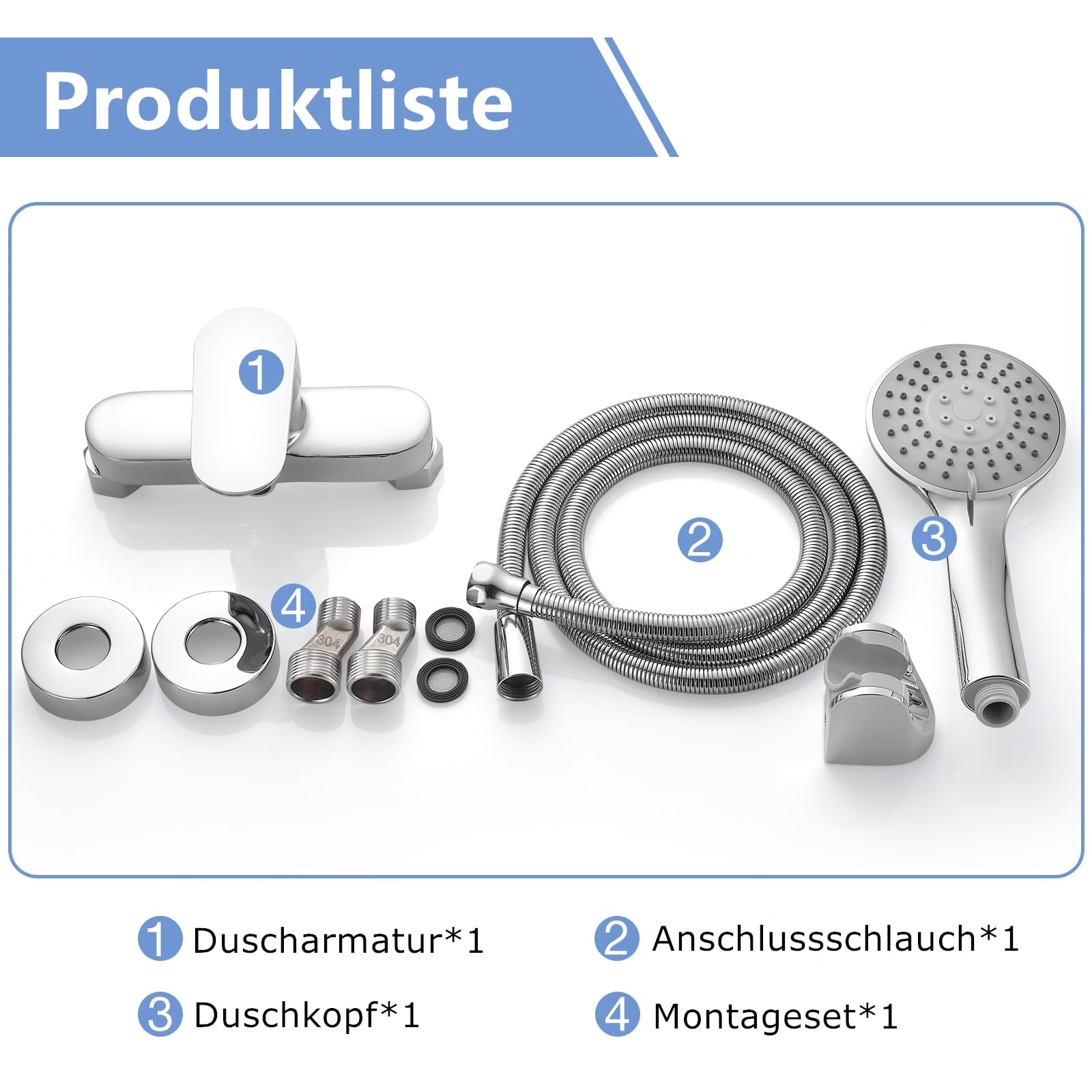 Duscharmatur Einhebelmischer mit Handbrause und Schlauch, Chrom | Mischbatterie Dusche Set, 3 Strahlarten Duschbrause, 1.5m Schlauch, Aufputz Wandmontage