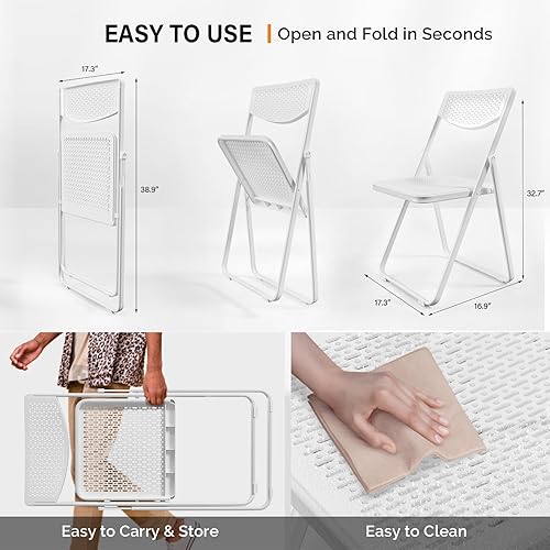 Miniatura 3 de VINGLI Sillas plegables de plástico, cómoda silla plegable con asiento de malla transpirable y marco de metal resistente, capacidad de 350 libras