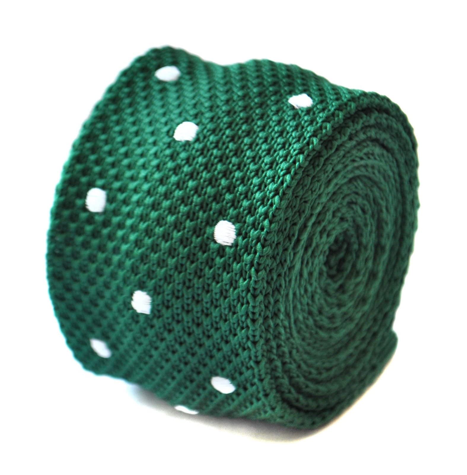 Frederick Thomas Skinny Knitted Tie in Dark Green with White Polka Spots, Slim 5cm Width, 147cm Length Modern Slim Design Necktie Ideal for Office, Formal Events and Special Occasions