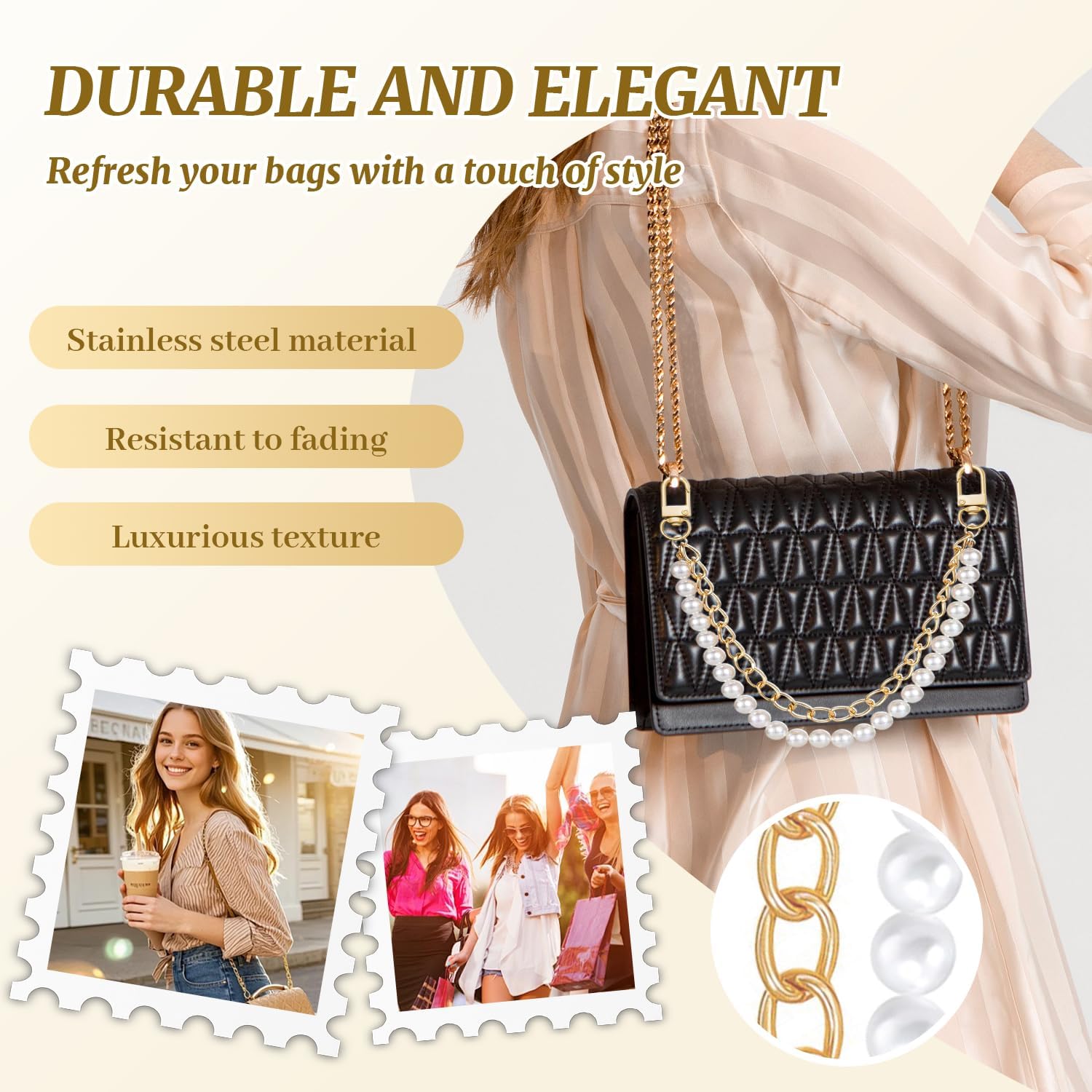 Purse Chain Pearl,Bag Purse Charms Chain for Handbags,Gold Purse Extender Chain with Pearl Purse,Purse Accessories Charms for Bags (1 Pcs)