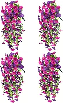 4PCS Lotus-Color Artificial Hanging Flowers for Outdoors, UV Resistant Morning Glory Flowers with Eucalyptus Leaves, Silk Fake Flower Realistic Faux Plants for Home Patio Porch Garden Decor