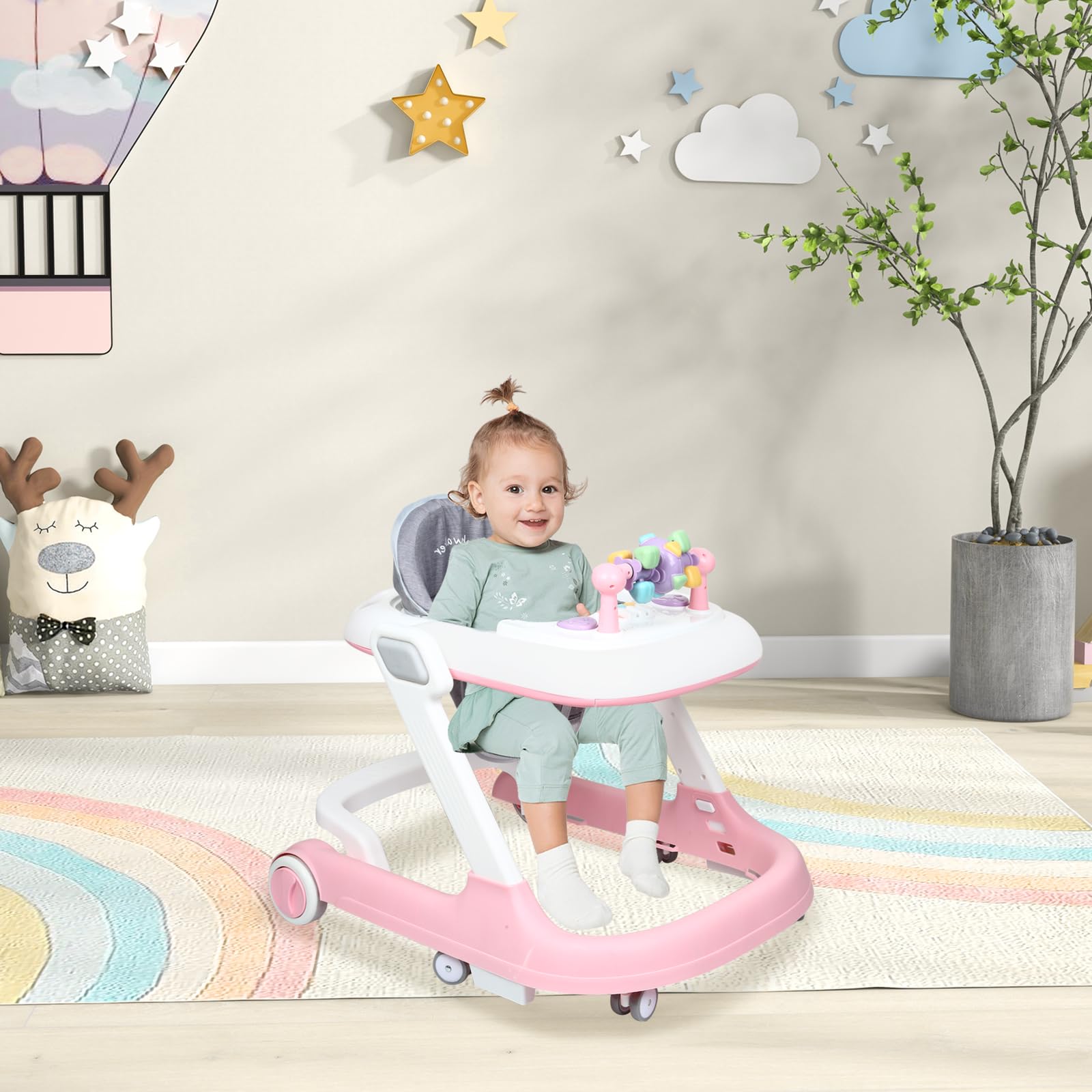OHMG Girello per bambini 4 in 1 con vassoio per attività musicali rimovibili, girello per bambini facilmente pieghevole, da 6 a 18 mesi, fino a 12 kg, regolabile in altezza con ruote silenziose