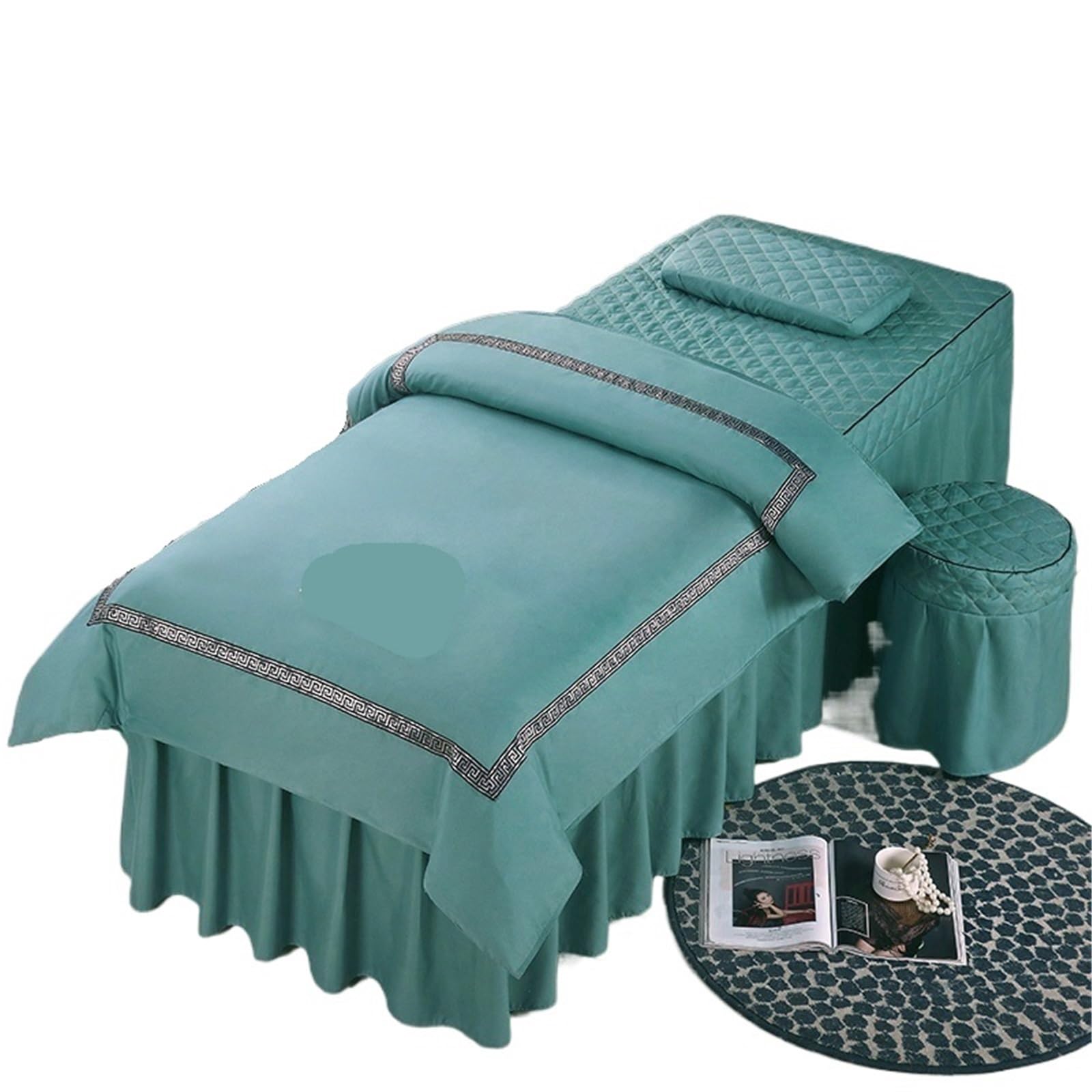 Beauty Salon Bed Cover Sets 4pcs Beauty Salon Bed Cover Massage Spa Bedskirt Pillowcase Stool Beddings Sets(Green,190x70)