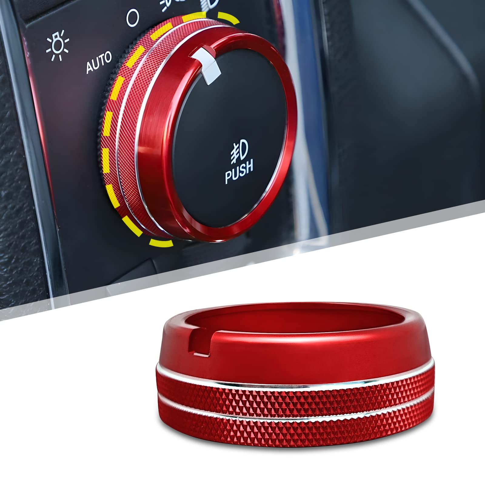 Auprite Headlight Knob Cover for Dodge Ram 2010-2018, Headlight Switch Button Knob Trim Cover Interior Decoration Accessories, Aluminum Alloy(Red)