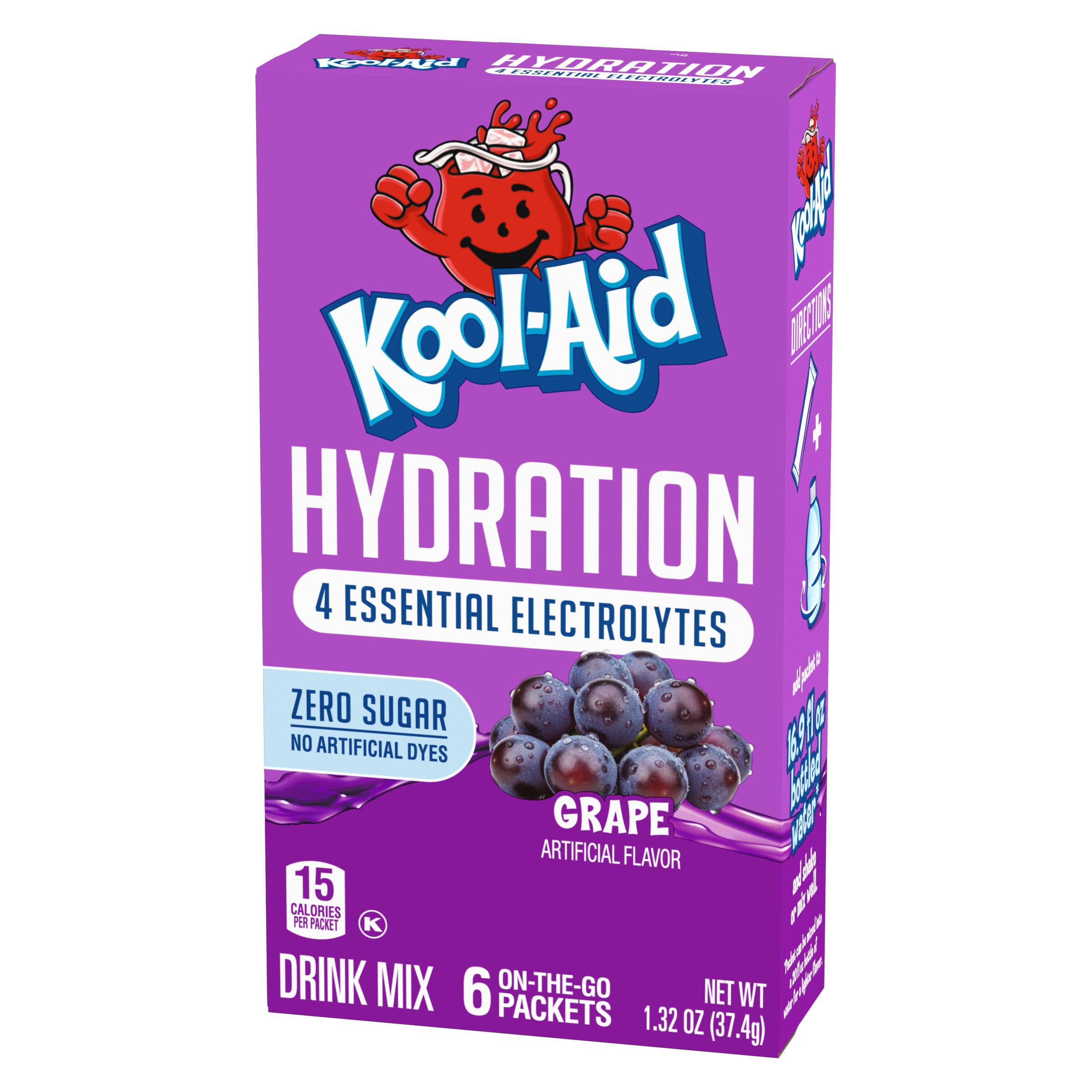 Kool-Aid Hydration Electrolyte Powder Drink Mix, 6 On-the-Go-Packets, for Easy and Flavorful Hydration, Grape Artificial Flavor, Zero Sugar, No Artificial Dyes, Low Calorie, 1.32 oz Box