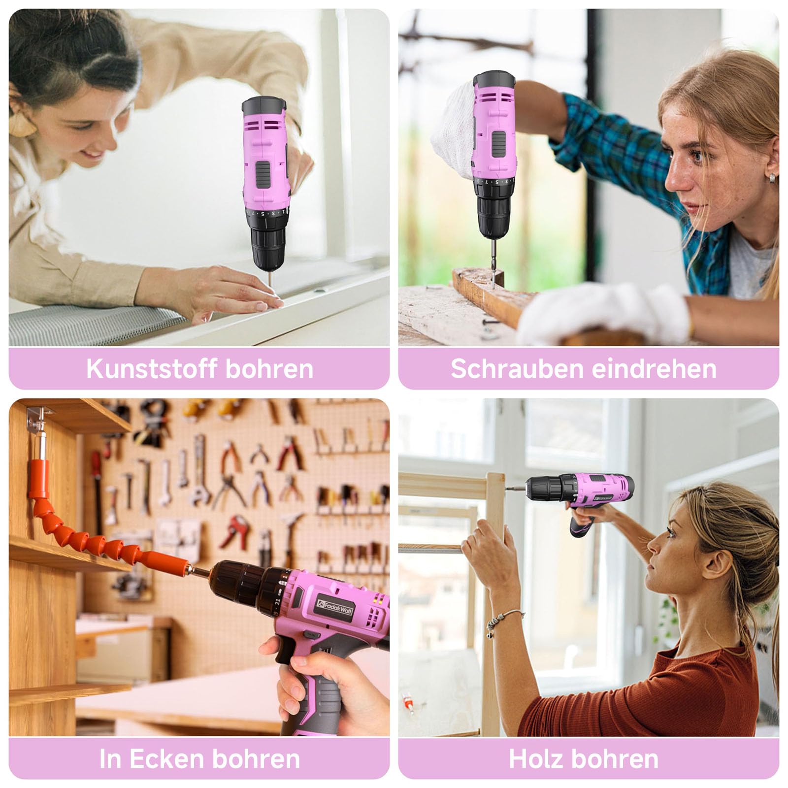 FADAKWALT Visseuse Devisseuse Sans Fil 12V, Perceuse Visseuse Sans Fil avec Batterie, 50 Pièces, 21+1 Réglages de Couple, 19 Nm, Lumières LED, Adaptée aux Travaux Domestiques, Rose
