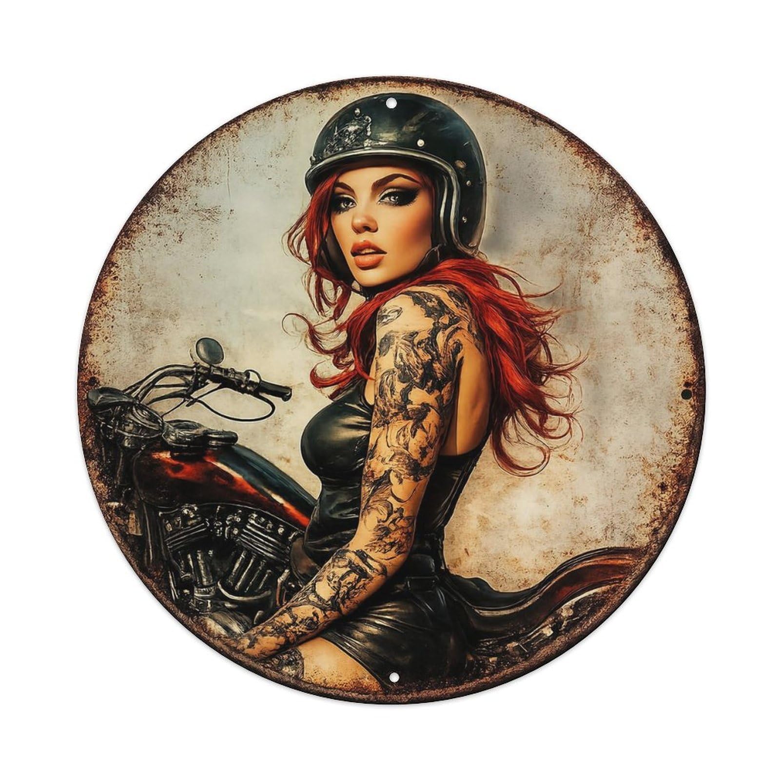 Biker Woman Tattooed Leather Helmet Metal Tin Sign Plaque