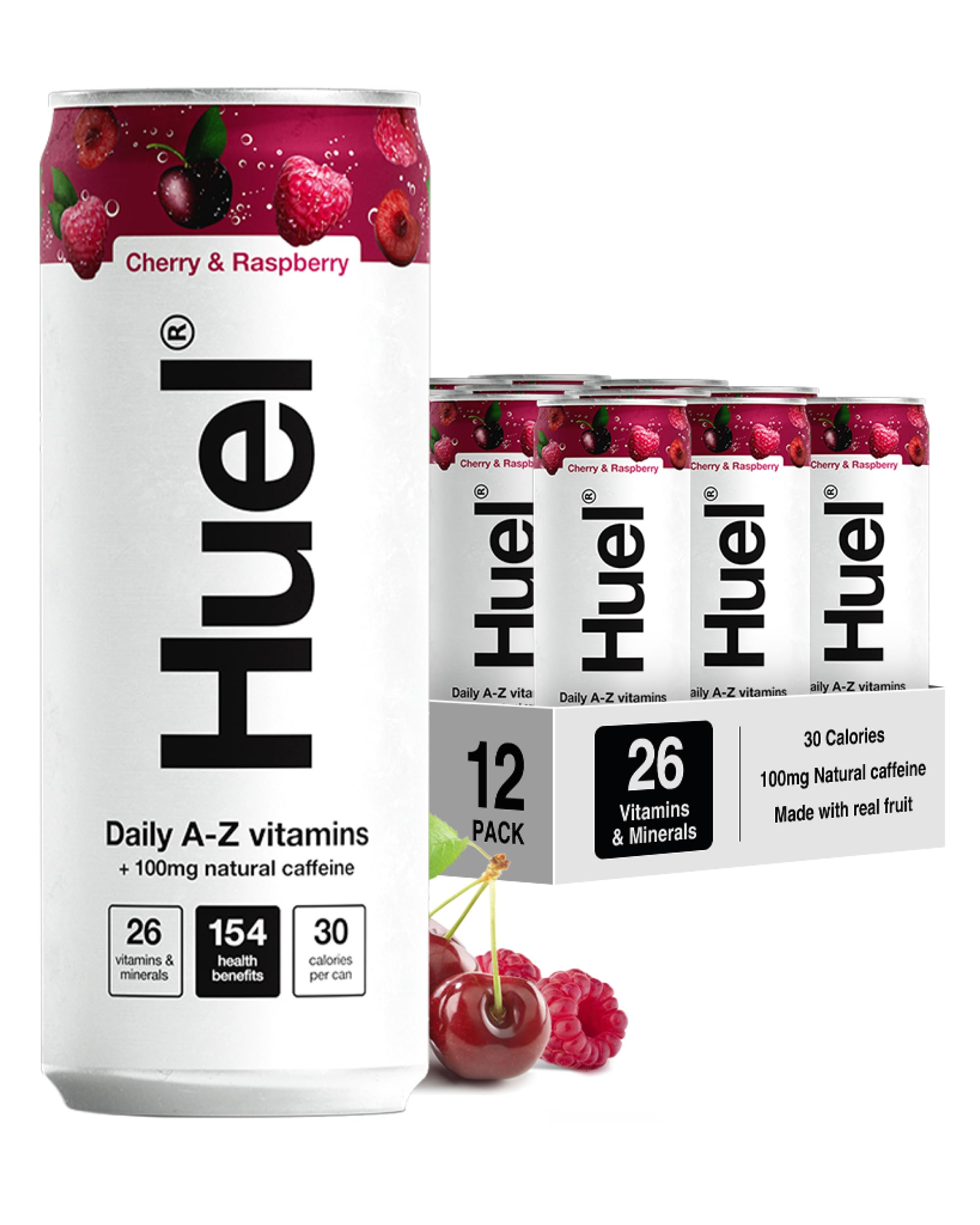 Huel Daily A-Z Vitamins Energy Drink, 12 x 330ml Cans, Cherry & Raspberry Sparkling Multivitamin Energy Drink, Fizzy Drinks Made with Real Fruit, Rich in Electrolytes, Low Calorie, Caffeine Boost