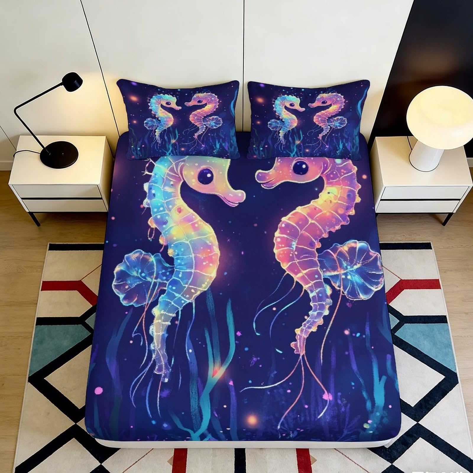 Jqzkxnhpbr Style-8 3D Printed Colorful Seahorse Fitted Sheet Microfiber Soft Non-Slip Ocean Fantasy Bed Cover For Bedroom Dorm Decor 90X200x25cm