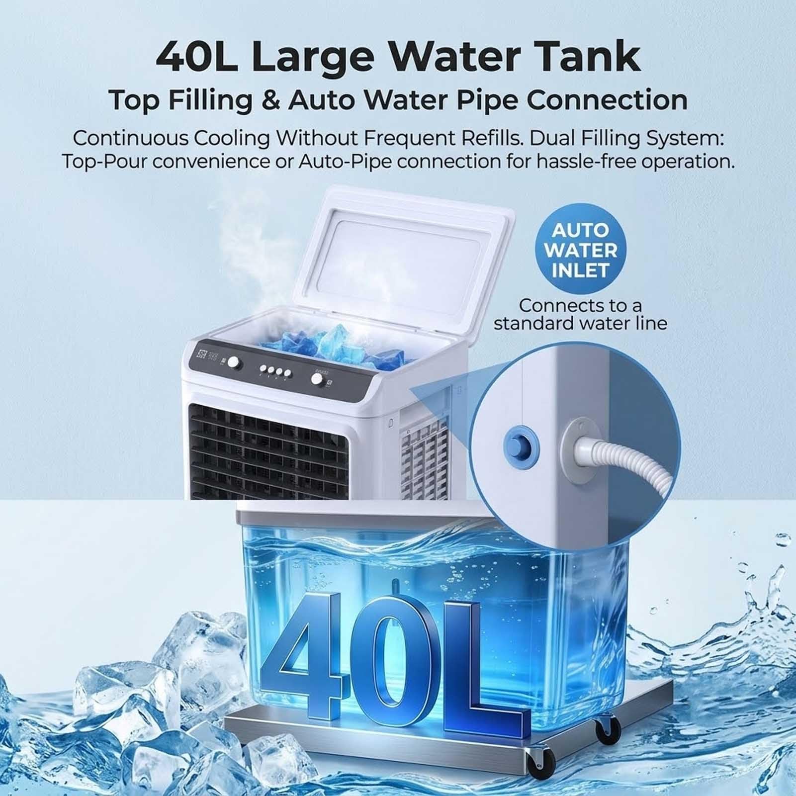 Tragbarer Verdunstungskühler 40L Ventilator | Mit automatischer Befüllung|180W Motor|3 Geschwindigkeiten Oszillation|für Gewerbe Industrie Außenbereich