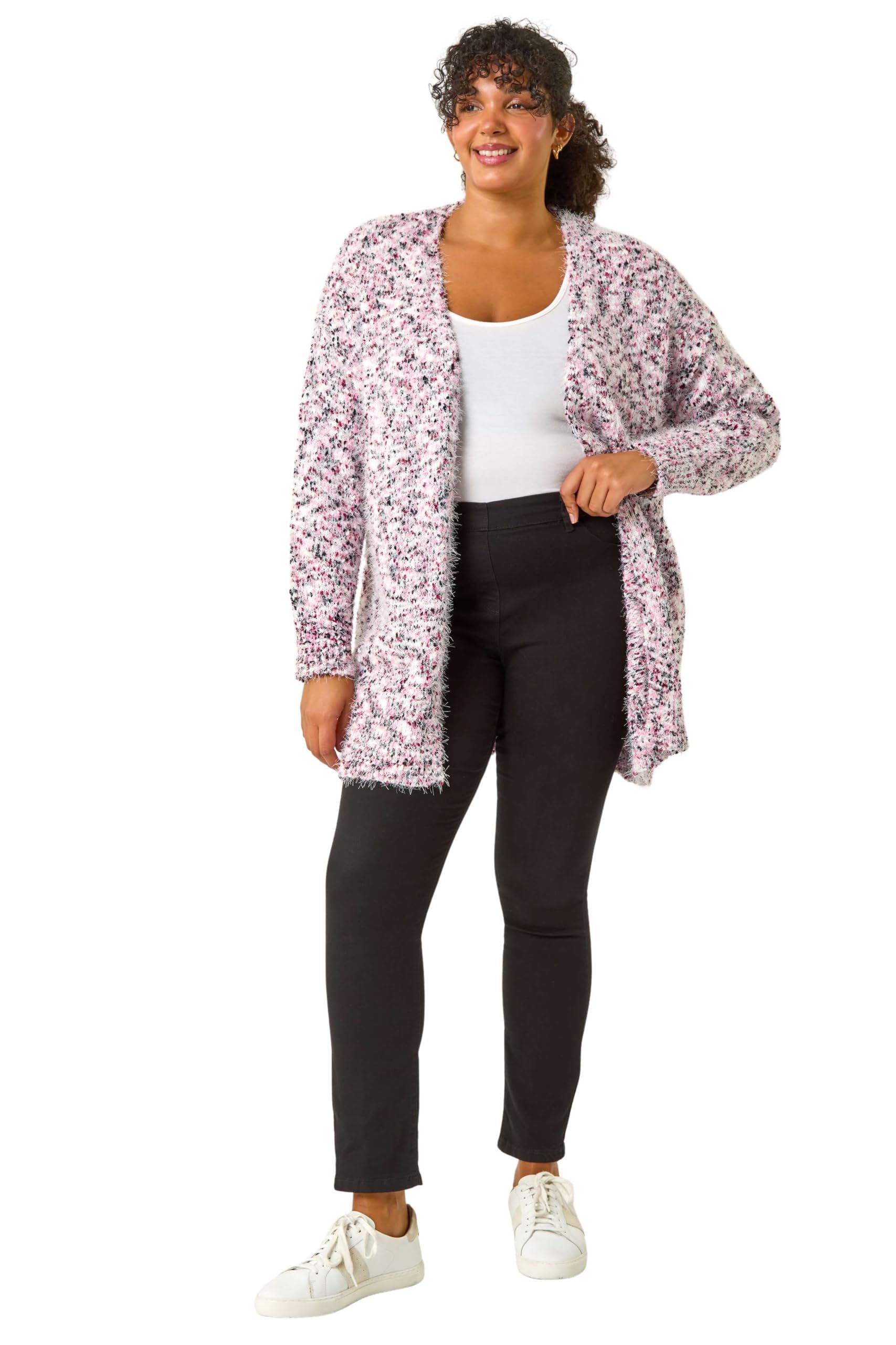 Roman Women's Pink Curve Fluffy Textured Cardigan In | Size: 22/24