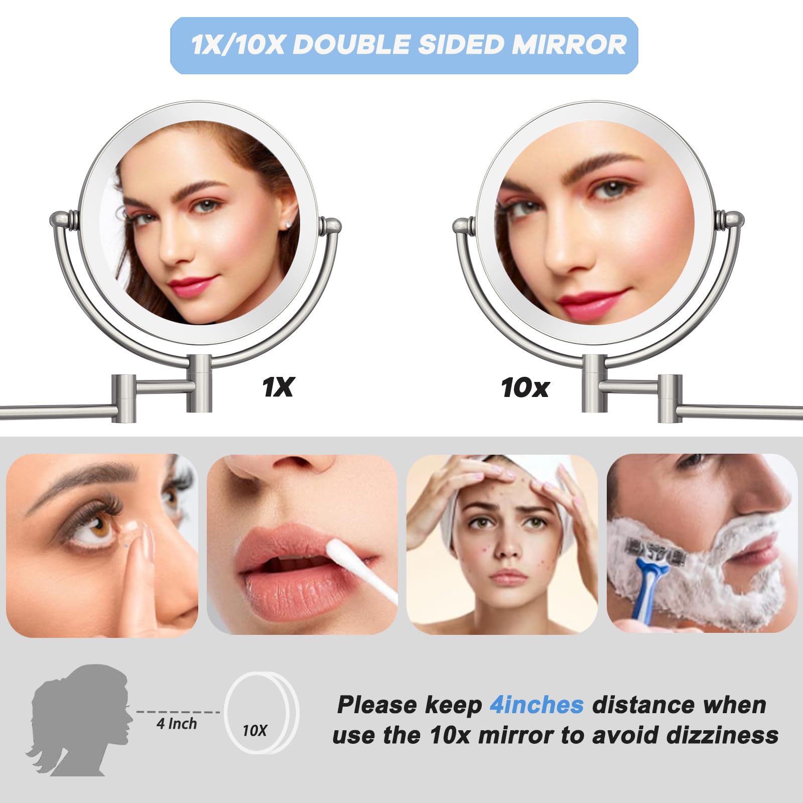 Espejo de maquillaje conectado fijo con luz, aumento de pared de doble cara espejo de baño de 20 cm 10 x aumento 3 colores iluminación espejo de afeitar