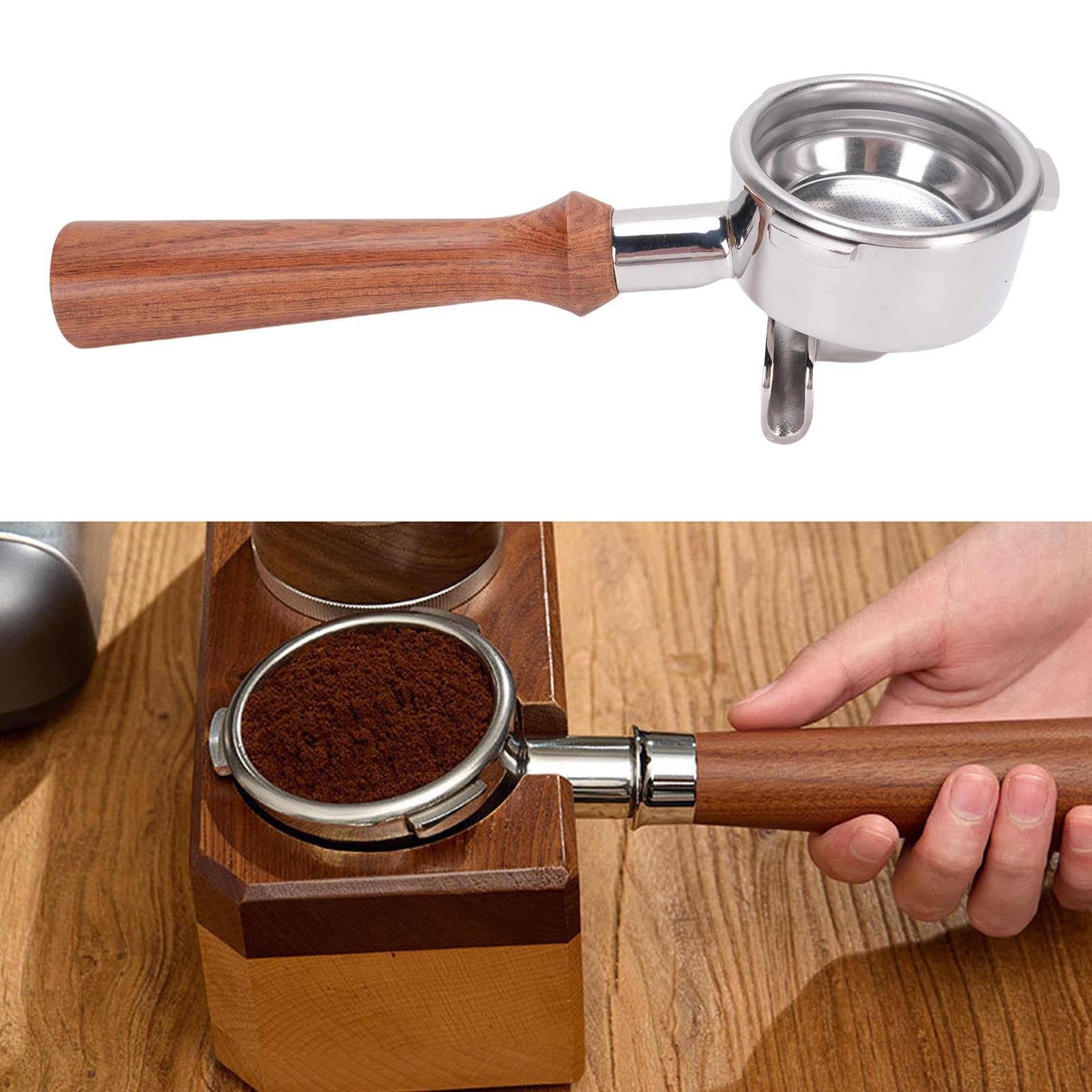 Accessorio per Macchina da caffè in Acciaio Inossidabile con Doppio Beccuccio Portafiltro da 58 Mm per Baristi Domestici Manico Ergonomico in Legno