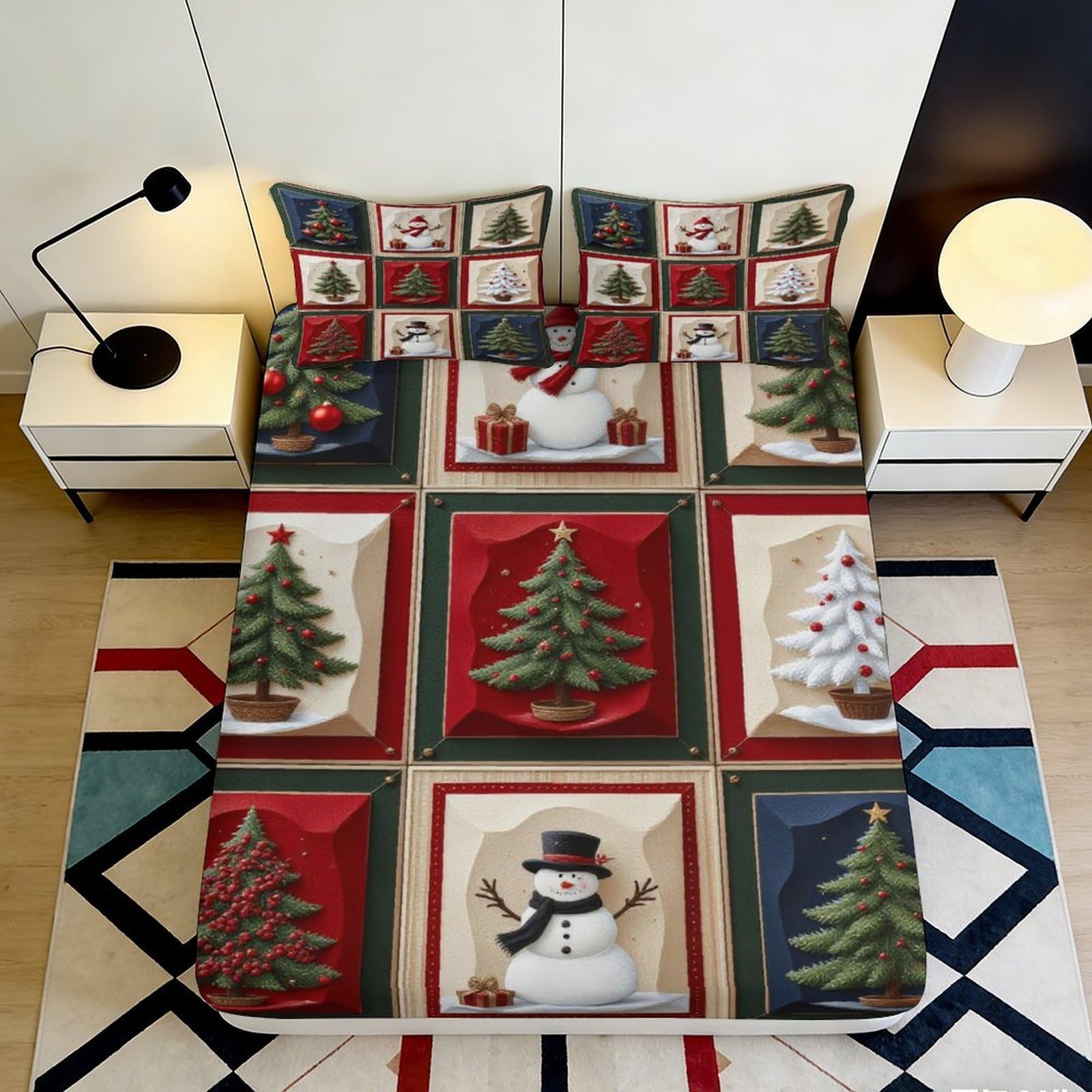 3D Printed Christmas Tree Fitted Sheet Microfiber Red Green Snowman Mattress Cover for Bedroom Guest Room Decor 90x200x25cm