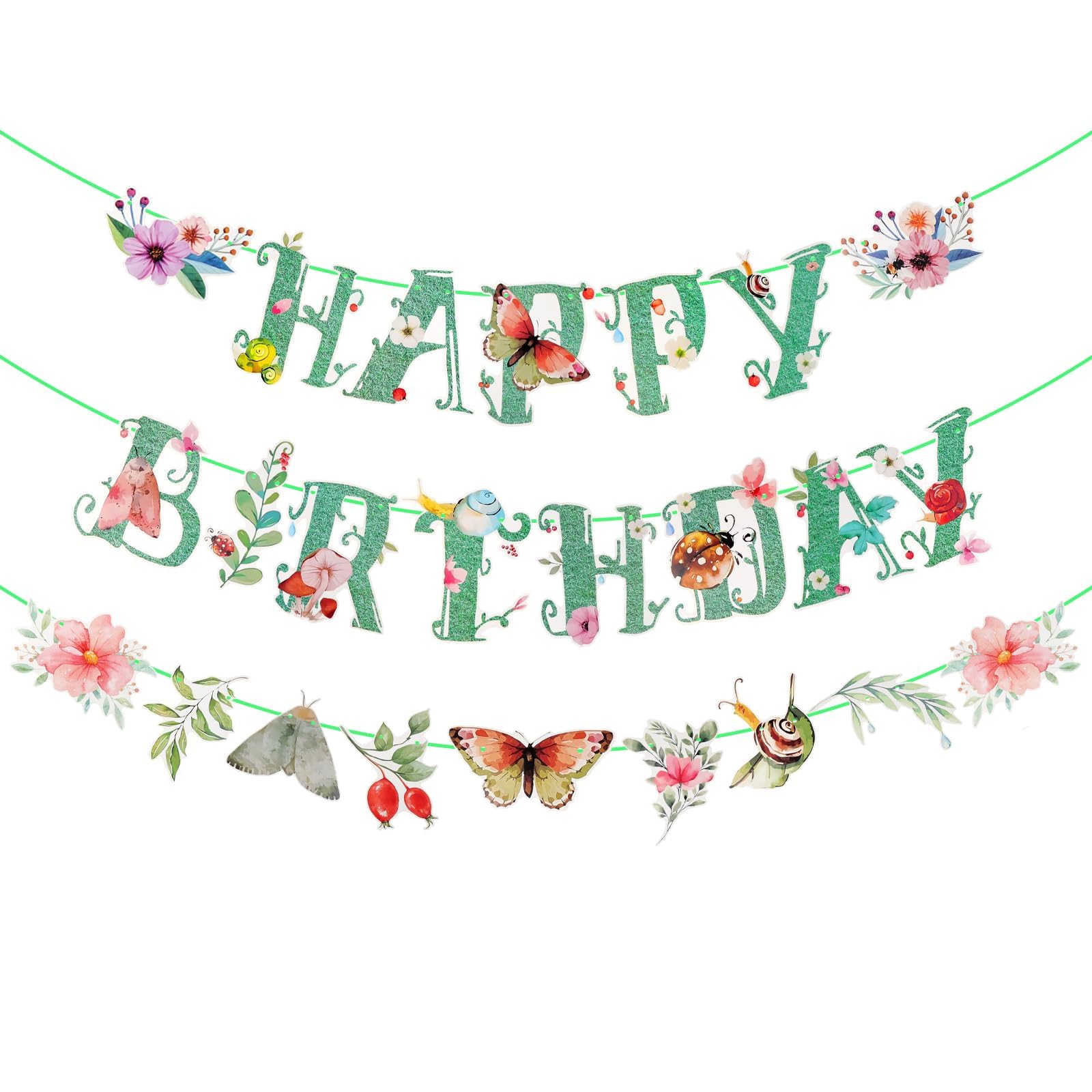 BLMHTWO Flower Butterfly Happy Birthday Banner, Sage Wildflower Spring Butterfly Flowers Party Banner Green Garden Floral Birthday Decorations for Girl Women Floral Fairy Party Decorations