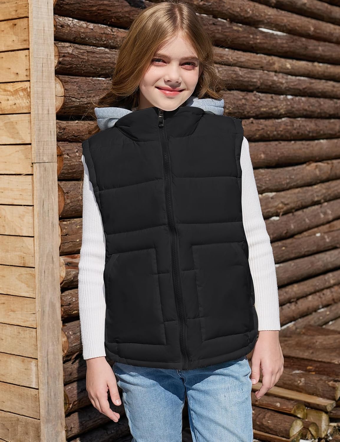 Gihuo Kid's Quilted Puffer Vest Winter Warm Sleeveless Outerwear with Removable Hood (US, Age, 9 Years, 10 Years, Black)