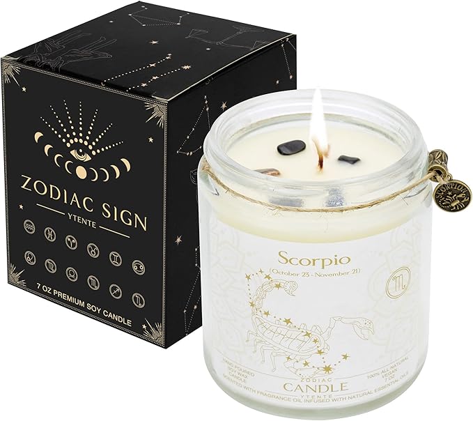 Zodiac Sign Jar Candle, Scorpio, Lavender Scented, Crystal Infused, 4 Ounce, Black, Unisex, All Season, Birthday, Anniversary, Christmas