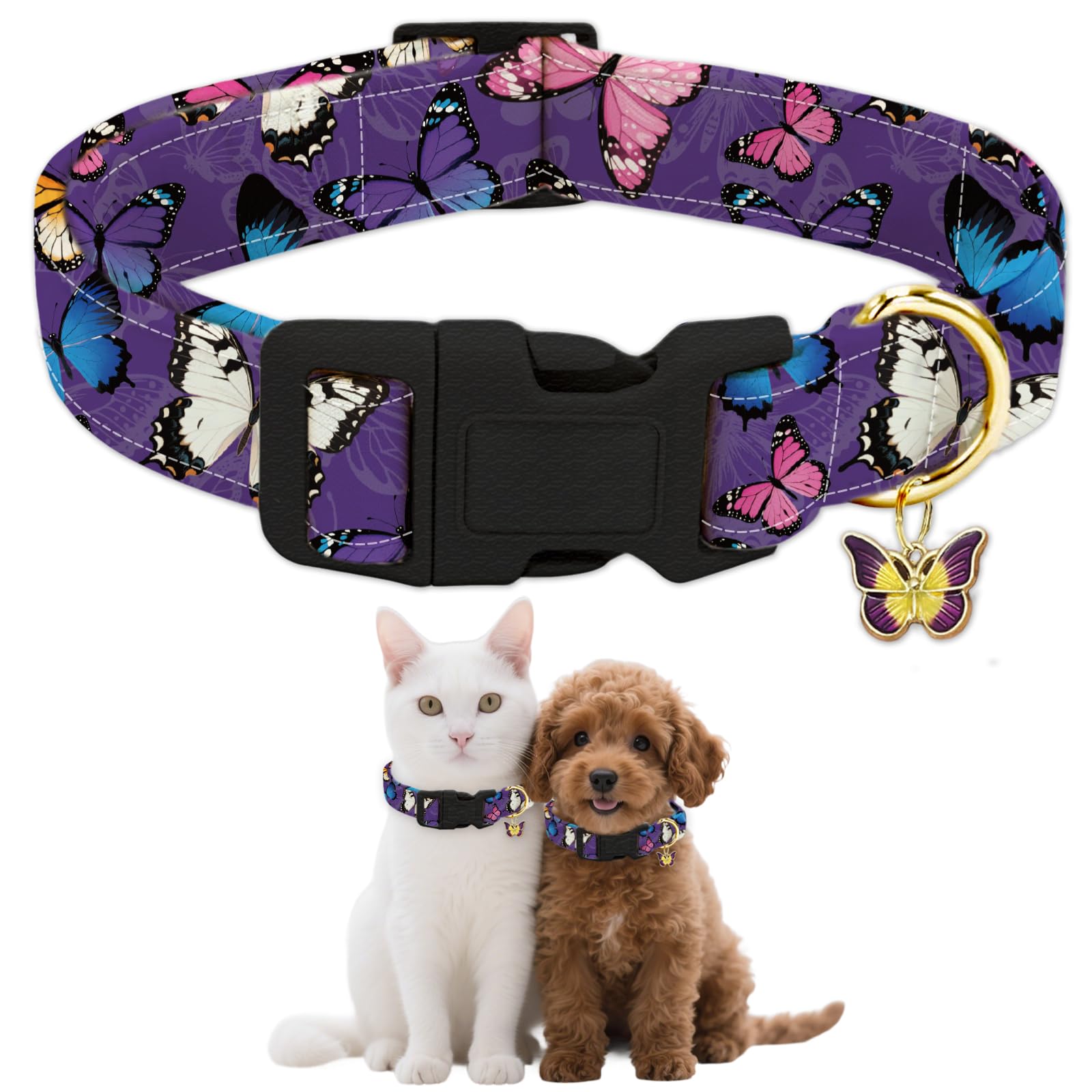 GLOBLELAND Dog Collar Butterflies Puppy Collar Purple Adjustable Pet Collars with Quick Release Buckle for Small Dogs Walking Running