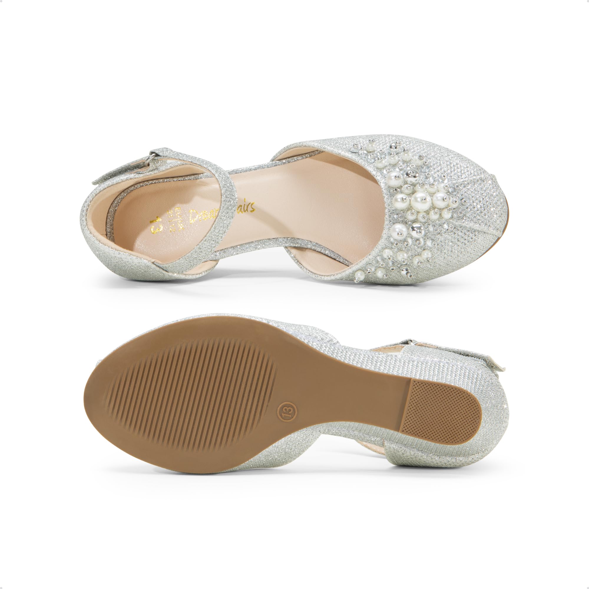 DREAM PAIRS Dziewczęce buty do sukienki maluch małe duże dziewczynki obcasy niskie koturny czółenka z perłami stras dla dziewczynki kwiat księżniczka wesele