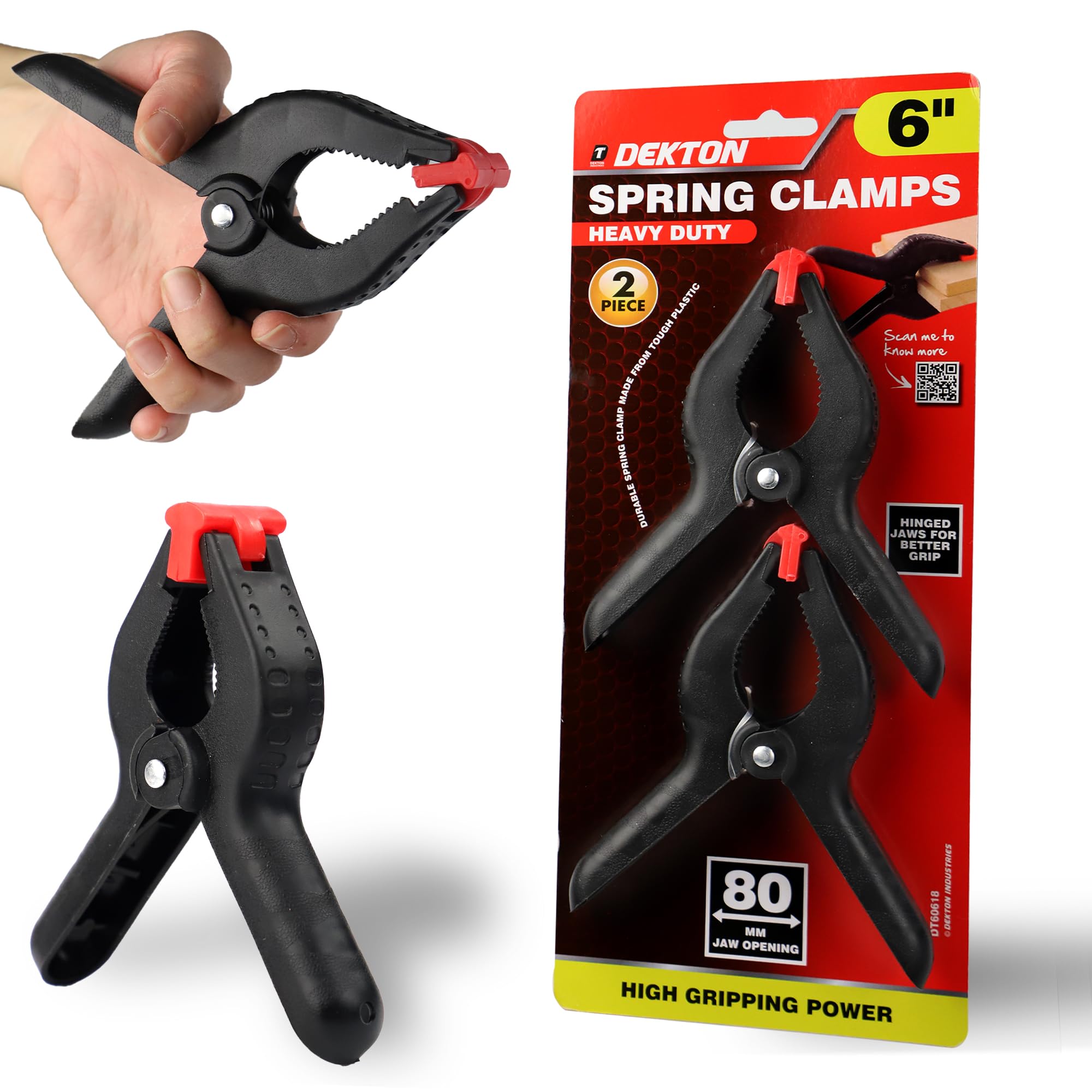 Dekton Black 2Pc 6" Pro Clamp With 80Mm Jaw Opening, Heavy Duty Rubber Non-Slip Grip, Durable Tough Plastic Construction, Hinged Jaws For Improved Grip On Uneven Surfaces, Ideal For Wood & Diy Projects