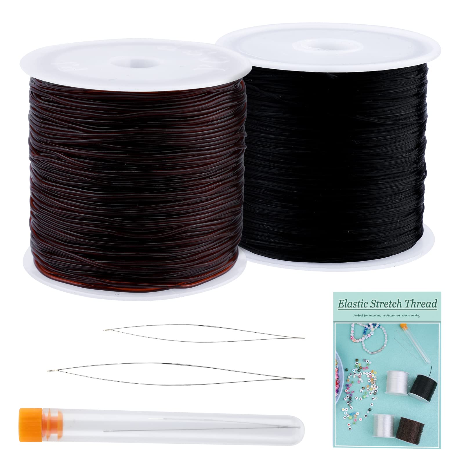 Elastic String for Bracelets, 0.8mm Brown Elastic String + 0.8mm Black Nylon Cord, 2 Kinds of Elastic Cord with Large Eye Beading Needles for Jewelry Making and Arts and Crafts