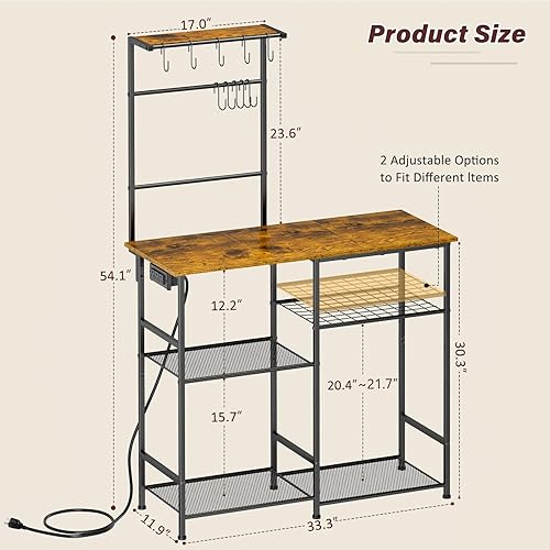 Miniatura 2 de Estante para panaderos con toma de corriente, soporte de microondas de cocina con 10 ganchos en forma de S, estación de barra de café de 6 niveles,