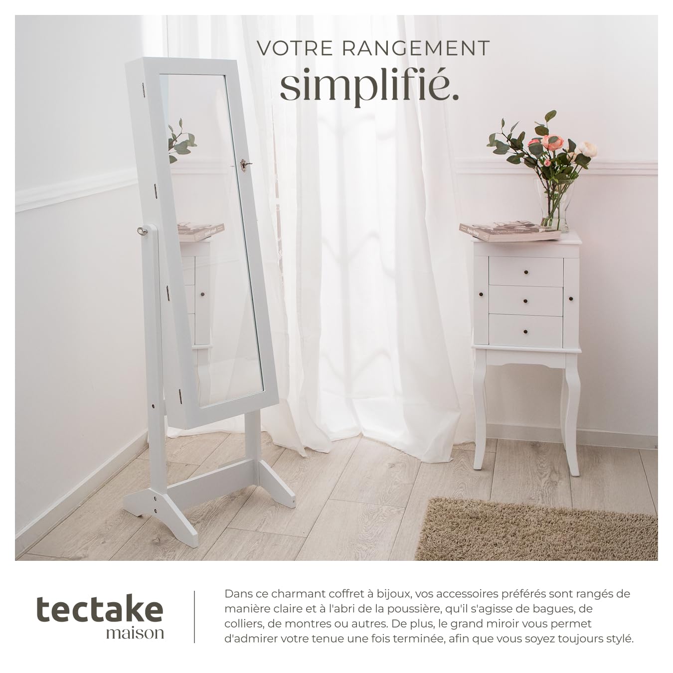 TecTake® Armoire à bijoux avec Miroir intégré, 147 x 45 x 37 cm, Miroir sur pied, Armoire Chambre Dressing Porte Bijoux Femme Collier Boucles d'oreille Bague Meuble Chambre Coffret bijou, Blanc