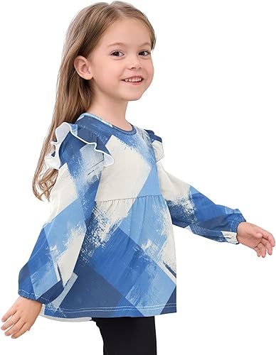 Baby Girl Ruffle Sleeves Blouse T-Shirts Toddlers Soft Tshirt Tops 18M-5T(Buffalo Plaid Blue Black,18 Months)