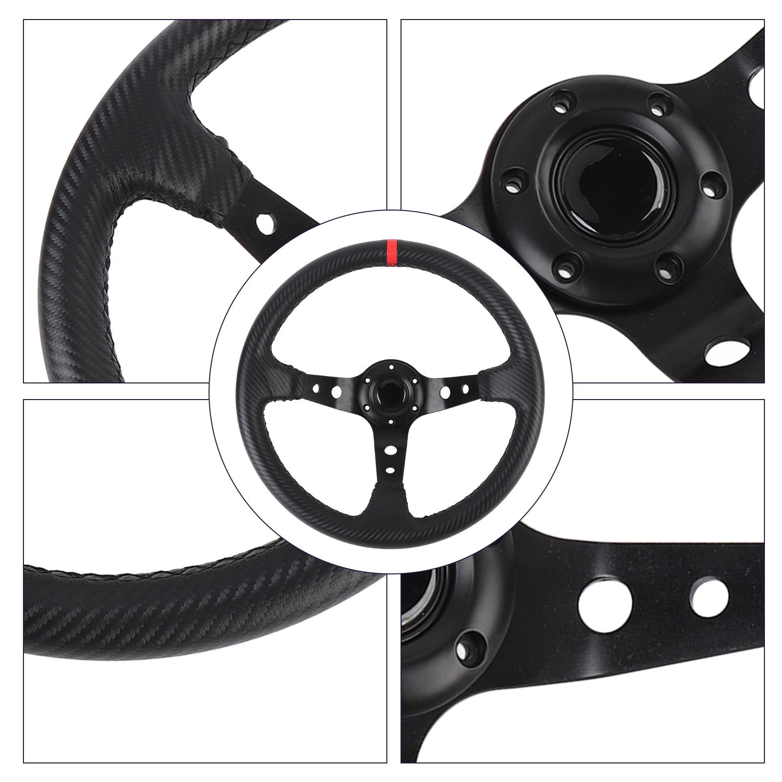 SIXRUN 14-Zoll-Carbonfaser-Lenkrad Universal-Sportlenkrad mit Hupenknopf für 6-Loch-Nabenadapter PU-Leder-Aluminiumrahmen (Rot)