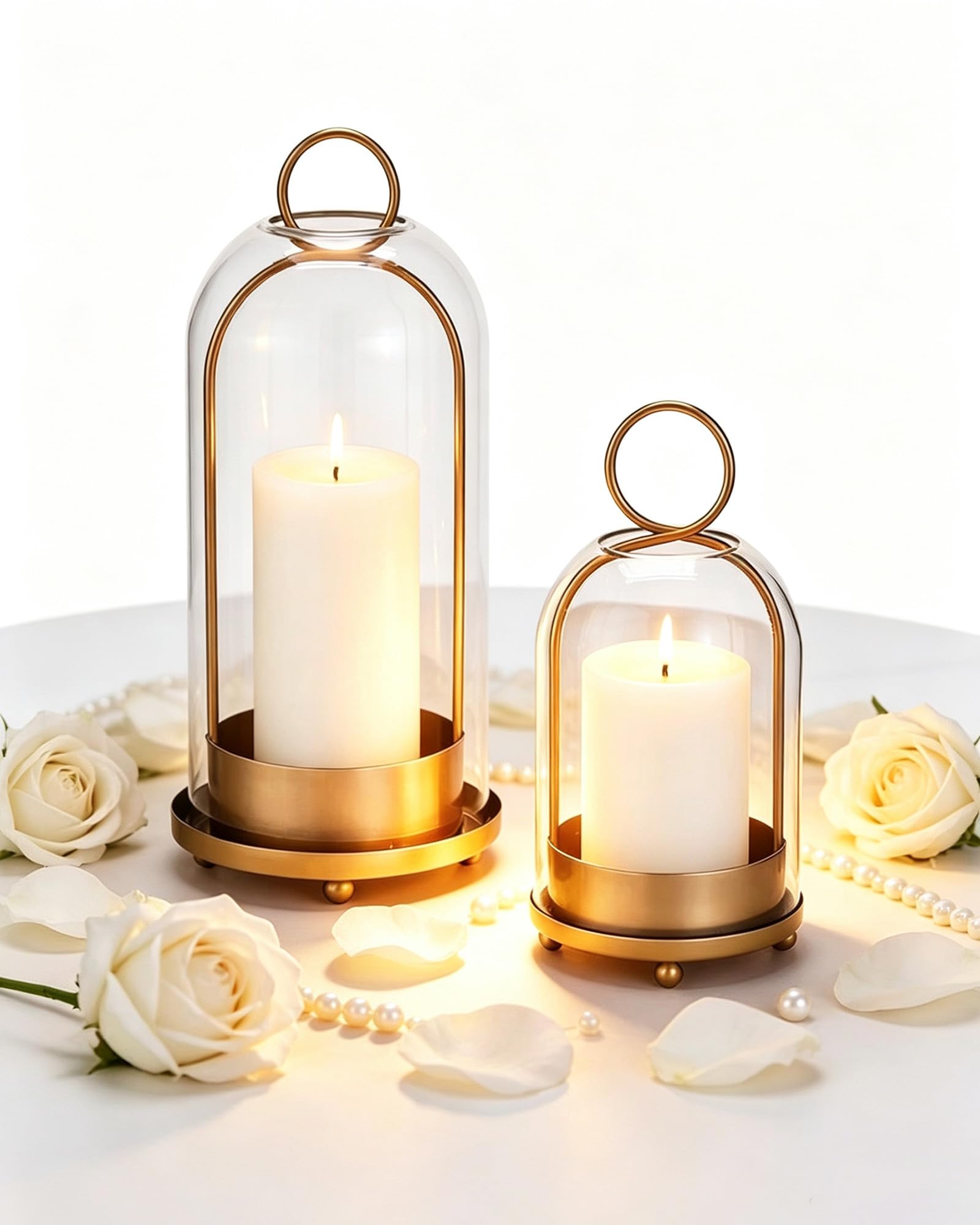 Two piece Hurricane Glass Candle Holder, 5&4-inch Antique Brass Hanging Desktop Dual-use, Handmade Glass Dome, Retro Industrial Farmhouse Style Decoration, Compatible with Pillar and LED Candles