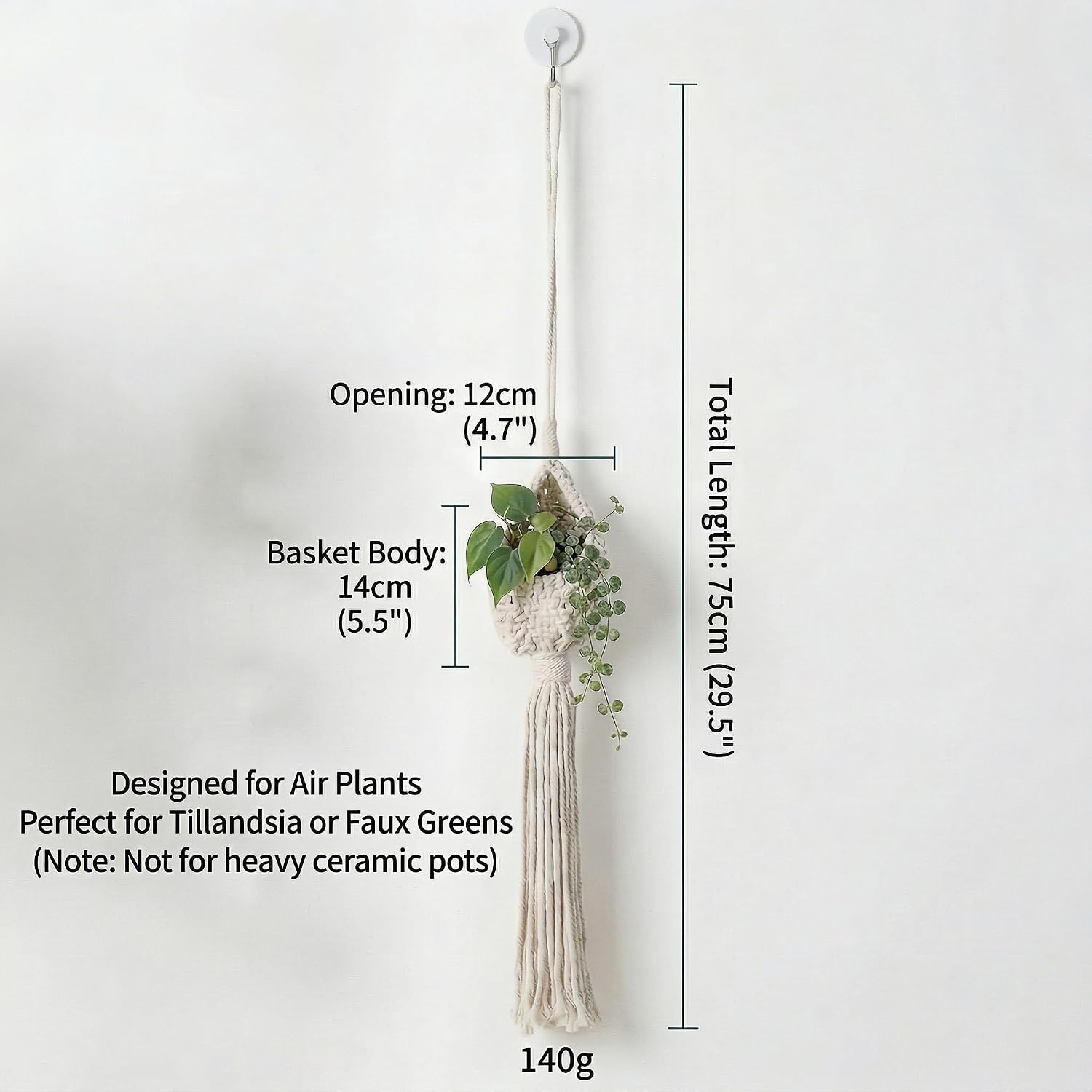 71" Wooden Ladder Trellis for Indoor Climbing Plants & Boho Wall Decor - Vertical Garden Support with 2 Mini Macrame Air Plant Holders, 5 S-Hooks & Renter-Friendly Non-Trace Mounting Kit