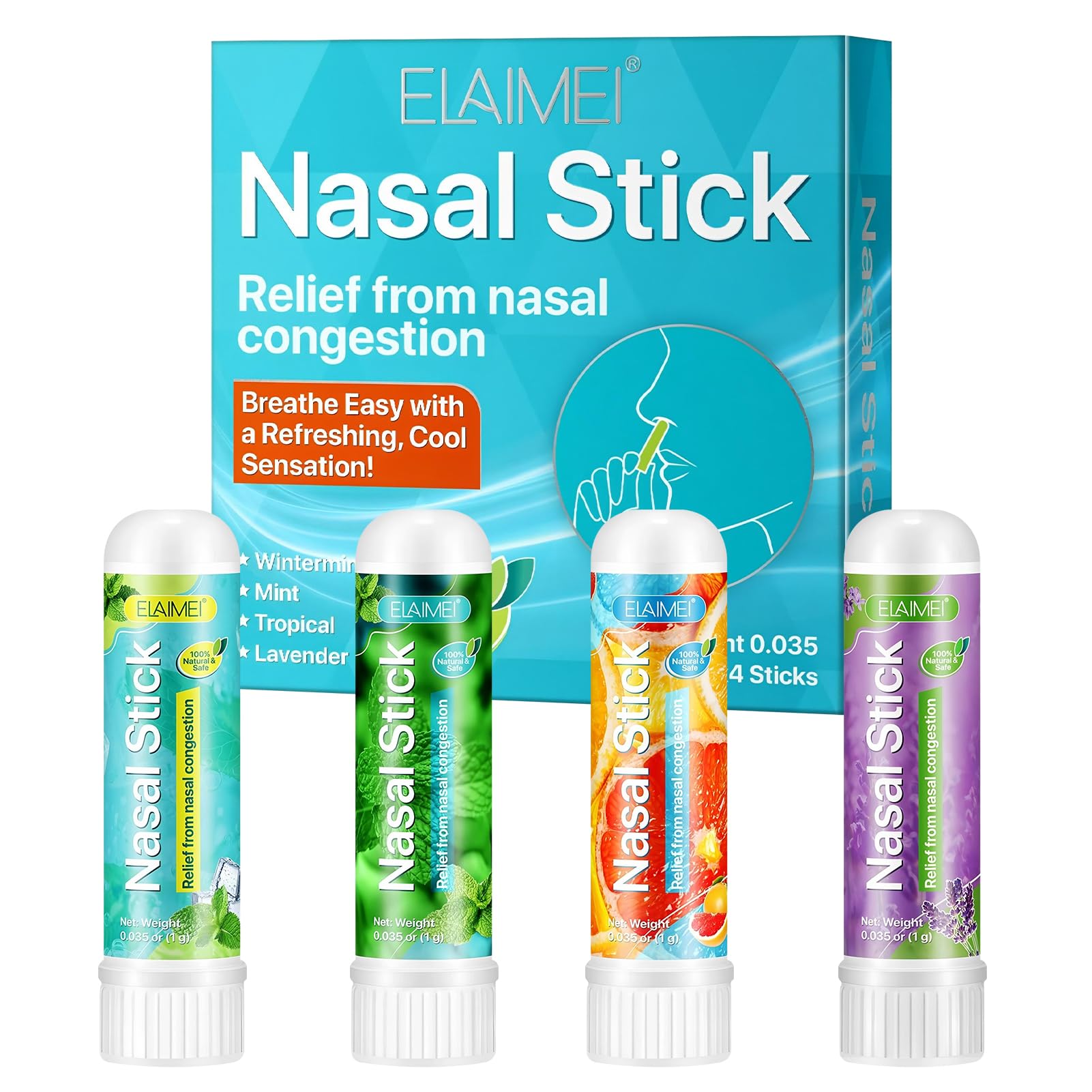 Nasal Stick 4 Pack, Bastone Nasale Agli Oli Essenziali, Effetto Fresco Lenitivo,Rilassa la Mente e il Corpo,Migliora la Concentrazione,Inalatore Nasale-Menta, Menta Piperita, Arancia, Lavanda