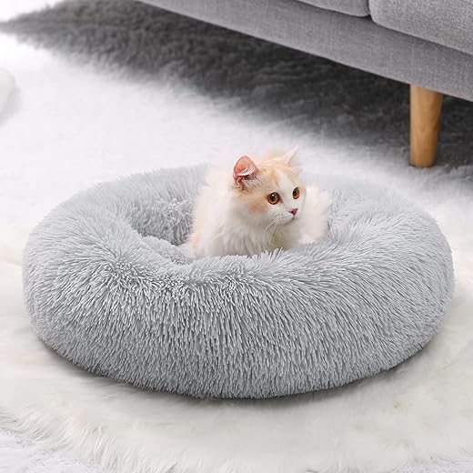 YOJOGEE Small Cat Bed for Indoor Cats, Self-Warming Donut Kitty Bed for Small Cats Keeping Warm, Washable Pet bed with Anti Slip Base, Grey 40cm