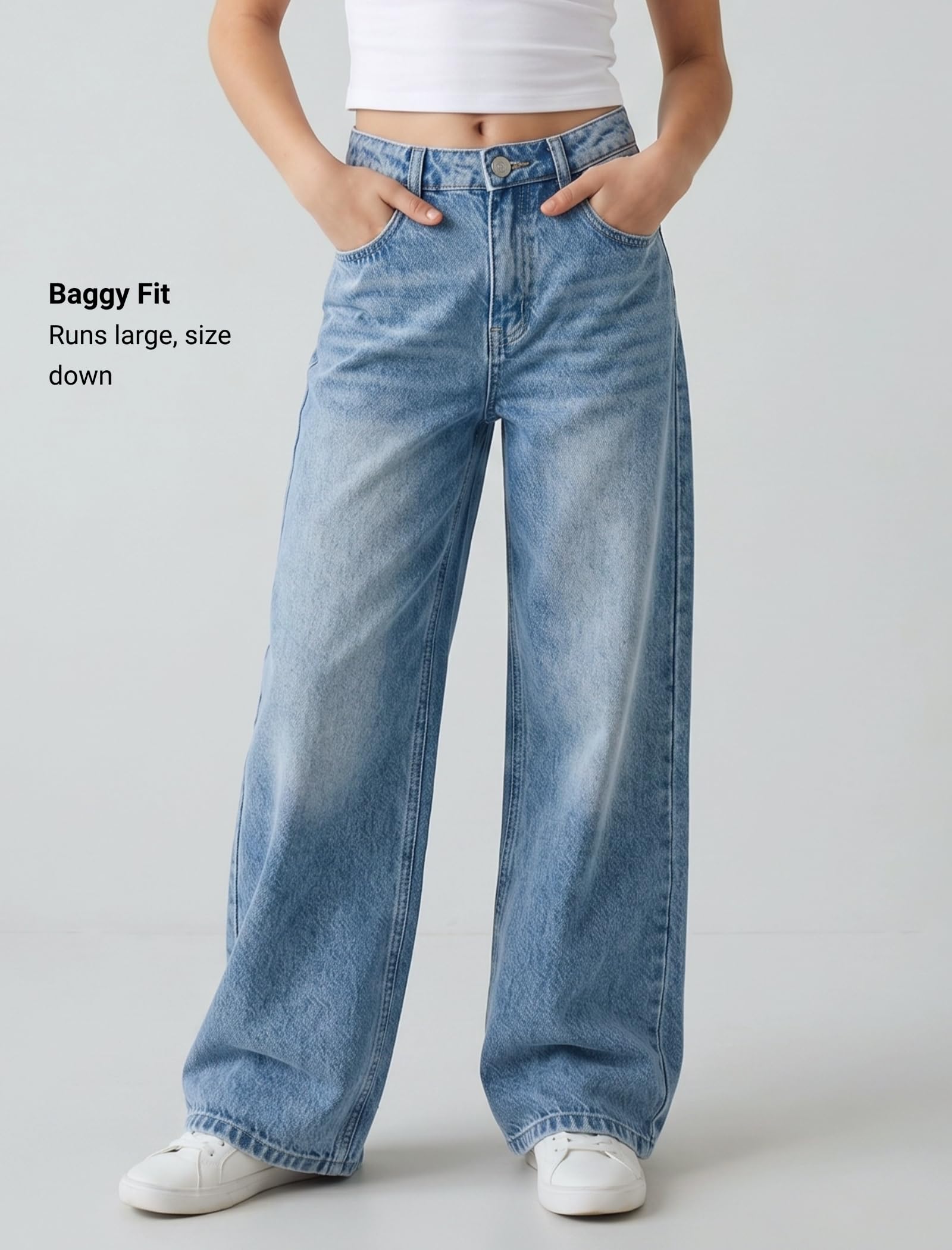 EXARUS Jeans da ragazza larghi gamba larga carino teen tween pantaloni lunghi in denim vestiti alti junior elastico tasche