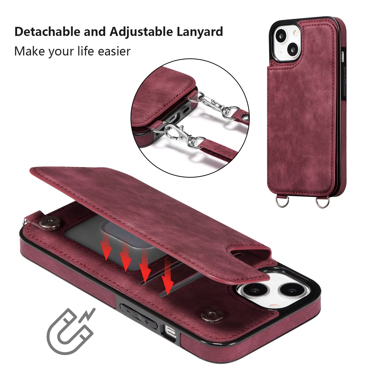ZTOFERA Custodia a tracolla per iPhone 13 / iPhone 14 con porta carte, custodia protettiva in morbido silicone liquido con cinturino regolabile per il collo, antiurto, colore nero