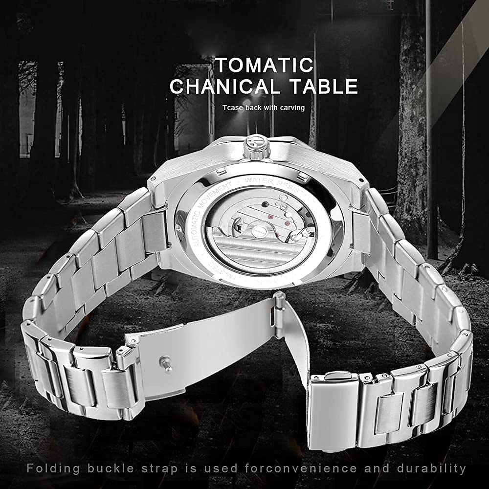 Tiong Montre pour Homme Montres Automatiques Montre-Bracelet Lumineuse MéCanique RéSistance Aux Chocs Steampunk Militaire Argent Noir