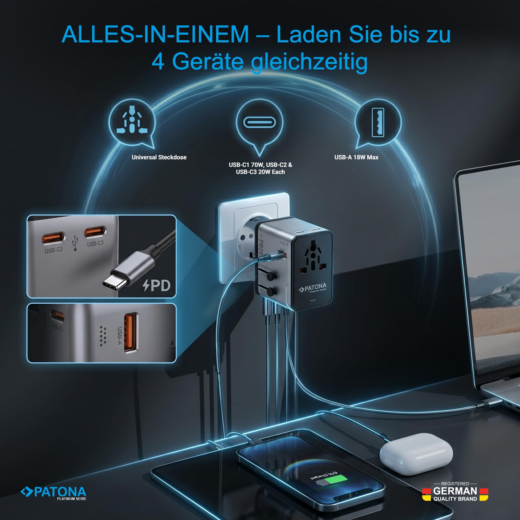PATONA Reiseadapter Weltweit 70W GaN mit Magnetischer Kabelrolle | Universal Adapter & Reisestecker mit 3 USB-C PD + 1 USB-A QC | Travel Adapter USA, England, Japan, EU 150+ Länder